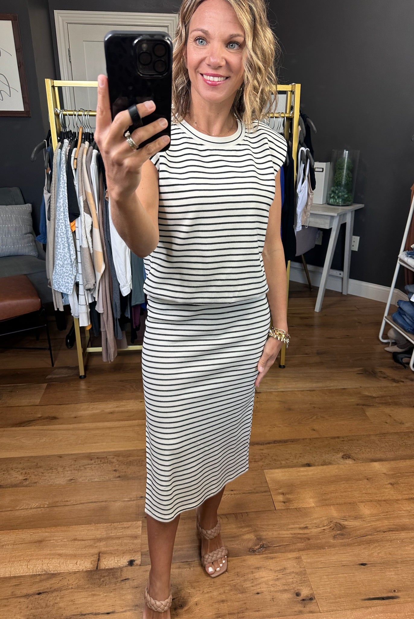 Heard Right Cap Sleeve Top + Side Slit Skirt Set - Ivory/Black-Skirts-Skies Are Blue-Anna Kaytes Boutique, Women's Fashion Boutique in Grinnell, Iowa