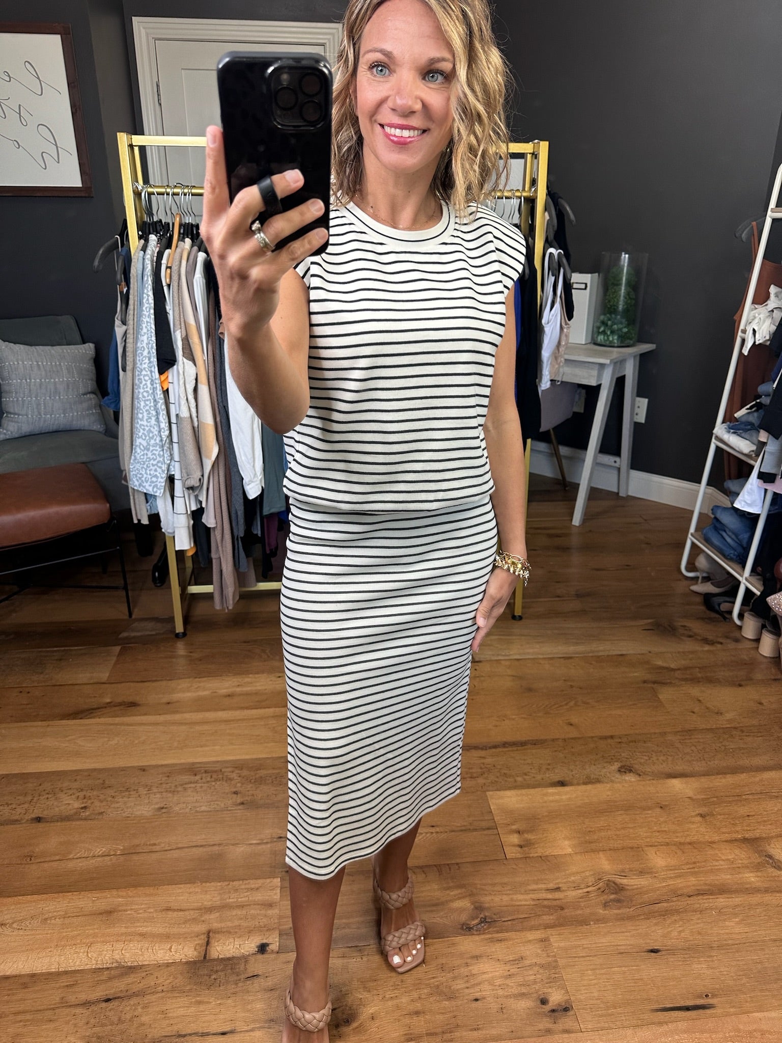Heard Right Cap Sleeve Top + Side Slit Skirt Set - Ivory/Black-Skirts-Skies Are Blue-Anna Kaytes Boutique, Women's Fashion Boutique in Grinnell, Iowa