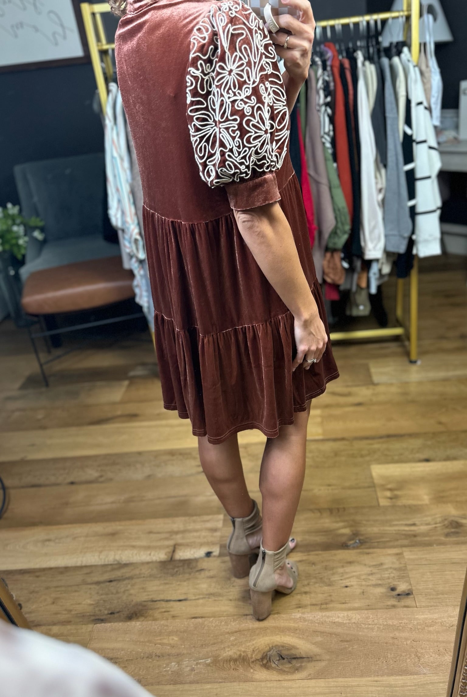 Ties To You Crushed Velvet Dress - Cinnamon-Entro-Anna Kaytes Boutique, Women's Fashion Boutique in Grinnell, Iowa