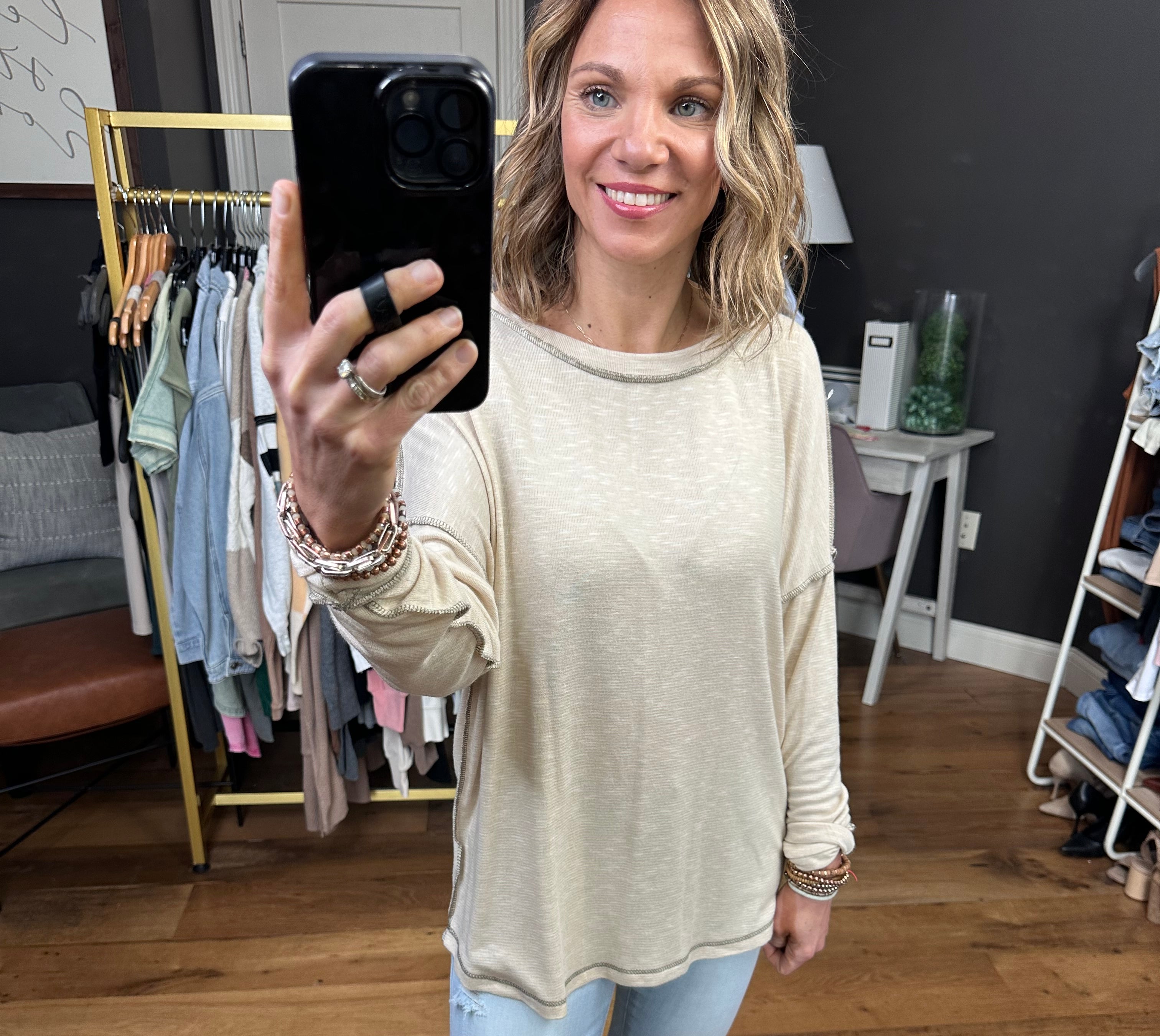 True Already Washed Raw Hem Long Sleeve Top - Oatmeal-Long Sleeves-Staccato 17125c-Anna Kaytes Boutique, Women's Fashion Boutique in Grinnell, Iowa