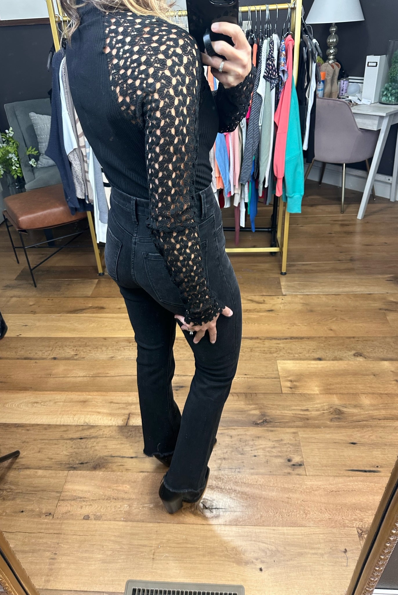 Better Idea Ribbed Mock-Neck Top With Crochet Sleeve Detail - Multiple Options-Long Sleeves-Aemi & Co 894AK-B11-Anna Kaytes Boutique, Women's Fashion Boutique in Grinnell, Iowa