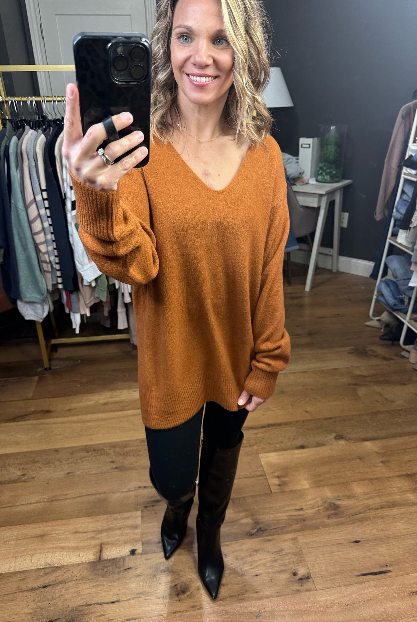 Sweet On You V-Neck Knit Sweater - Deep Caramel-Sweaters-Skies Are Blue 45566-Anna Kaytes Boutique, Women's Fashion Boutique in Grinnell, Iowa
