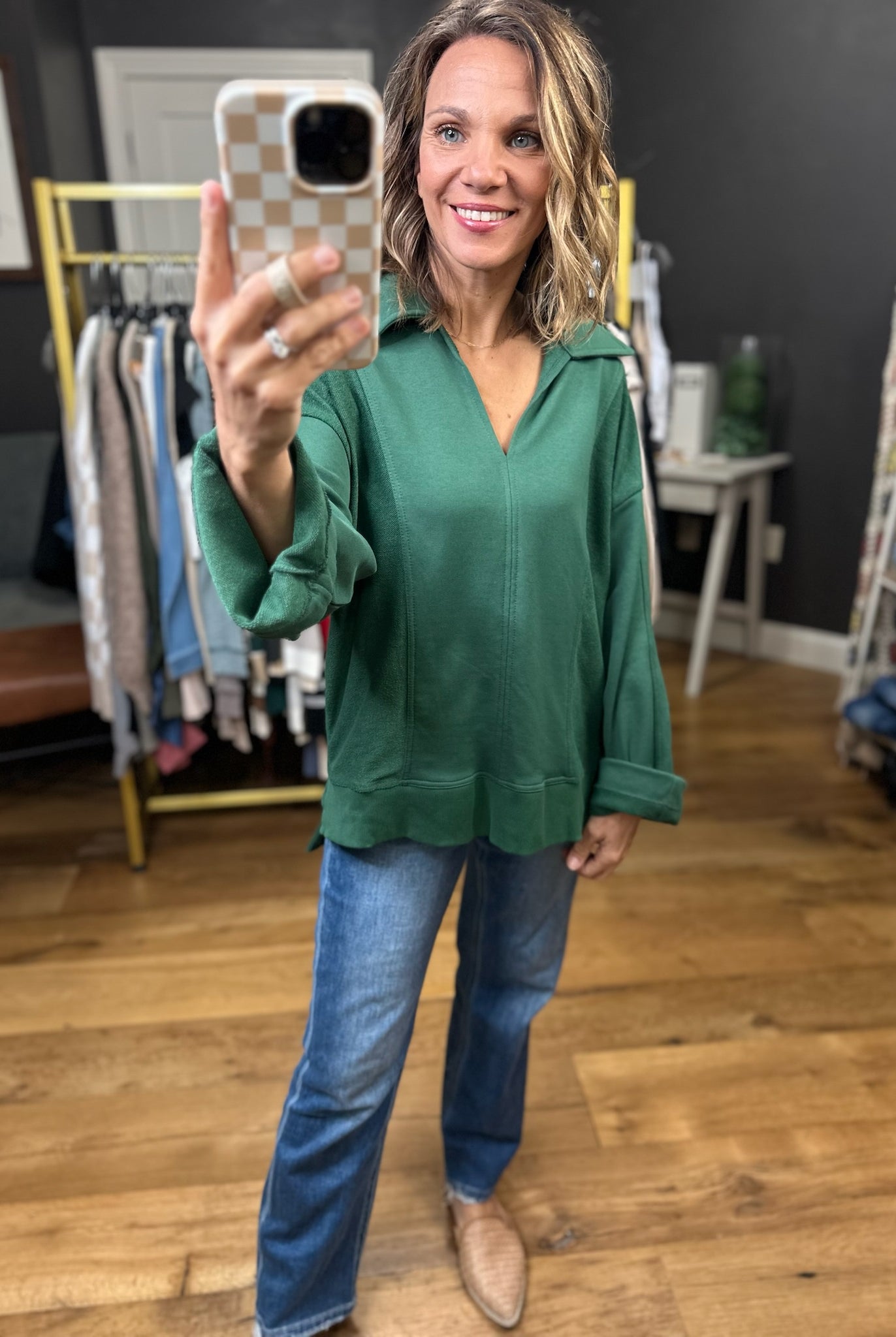 Going For It V-Neck Collared Pullover - Hunter Green-Entro-Anna Kaytes Boutique, Women's Fashion Boutique in Grinnell, Iowa