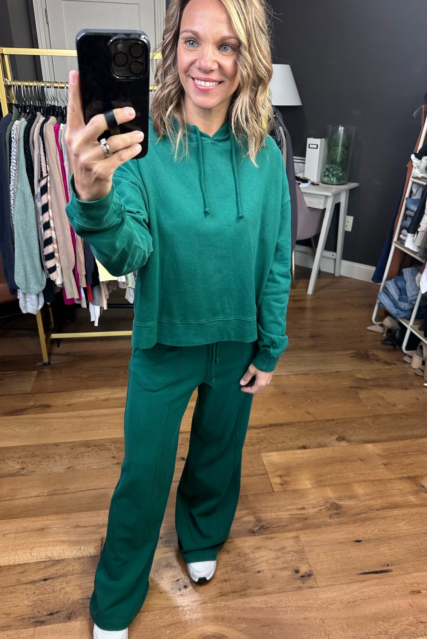 The Gabby Wide Leg + Hoodie Set - Pine Green-Two Piece Set-Double zero dz23e999 dz23g455-Anna Kaytes Boutique, Women's Fashion Boutique in Grinnell, Iowa