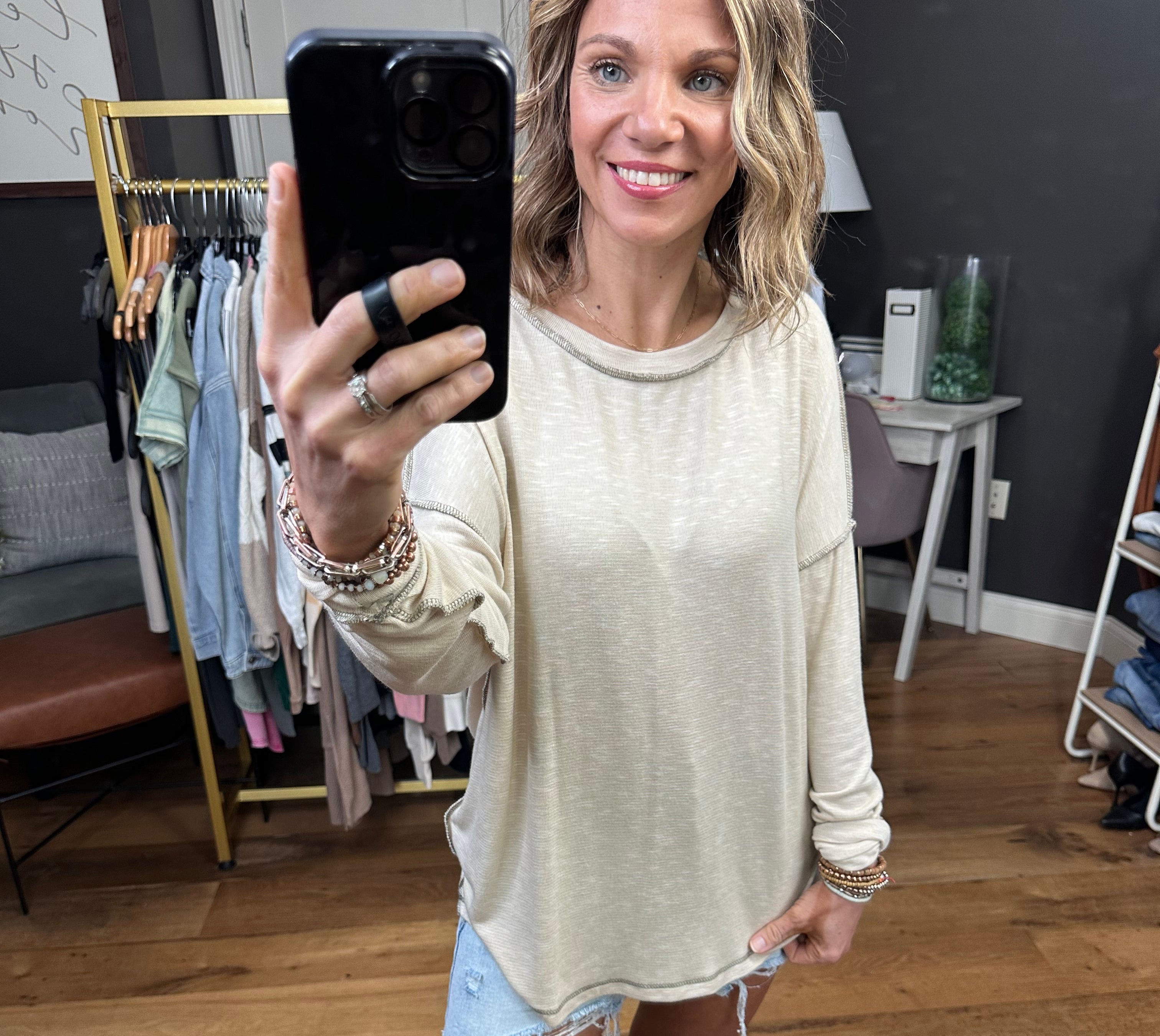 True Already Washed Raw Hem Long Sleeve Top - Oatmeal-Long Sleeves-Staccato 17125c-Anna Kaytes Boutique, Women's Fashion Boutique in Grinnell, Iowa