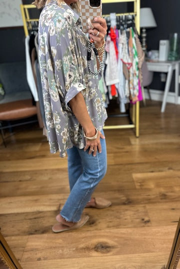 Kind Of Love Floral Button-Down Top - Grey-Eesome-Anna Kaytes Boutique, Women's Fashion Boutique in Grinnell, Iowa