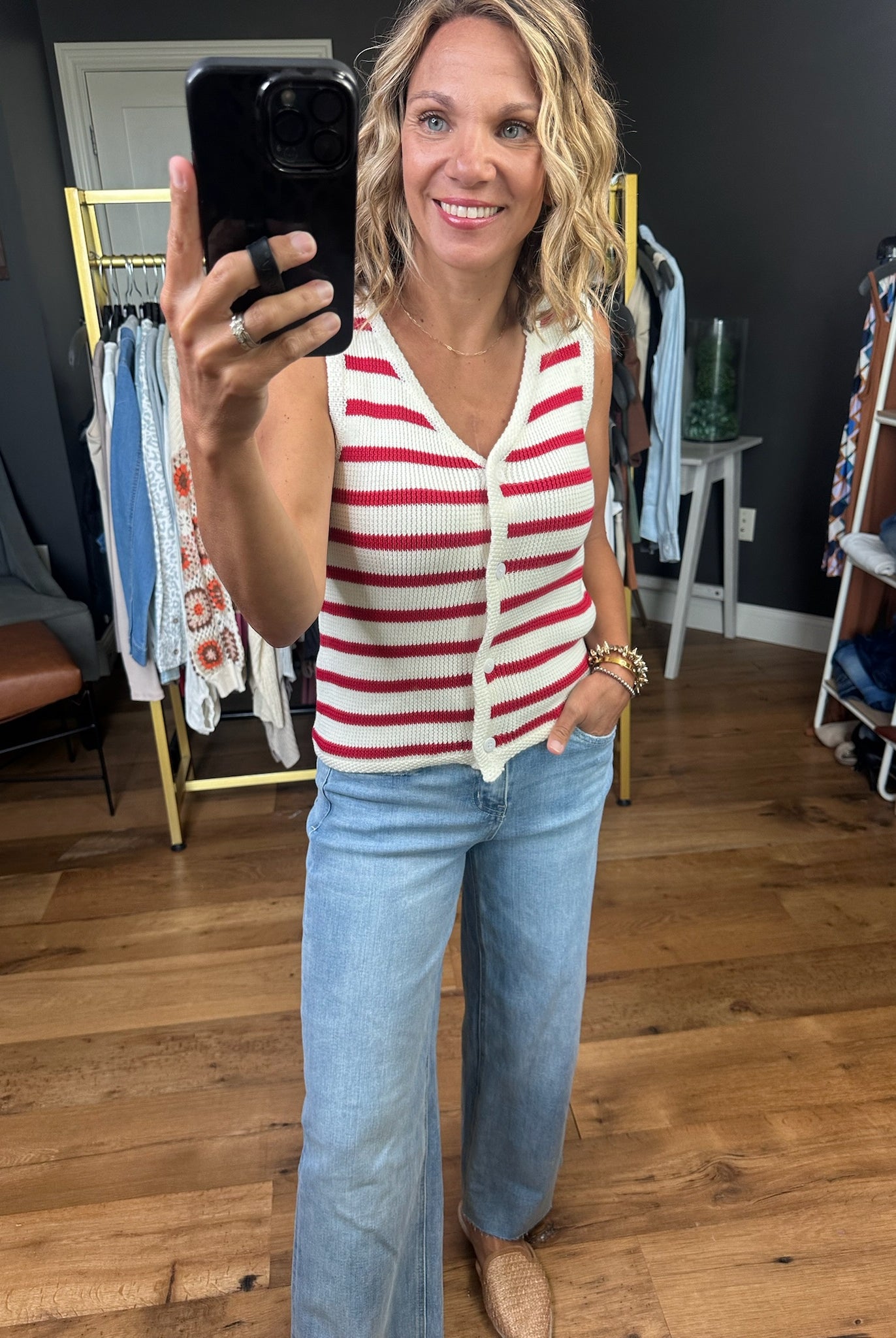 Show Your Love Striped Sweater Button-Detail Sweater Vest - Off-White/Red-Vests-Wishlist-Anna Kaytes Boutique, Women's Fashion Boutique in Grinnell, Iowa