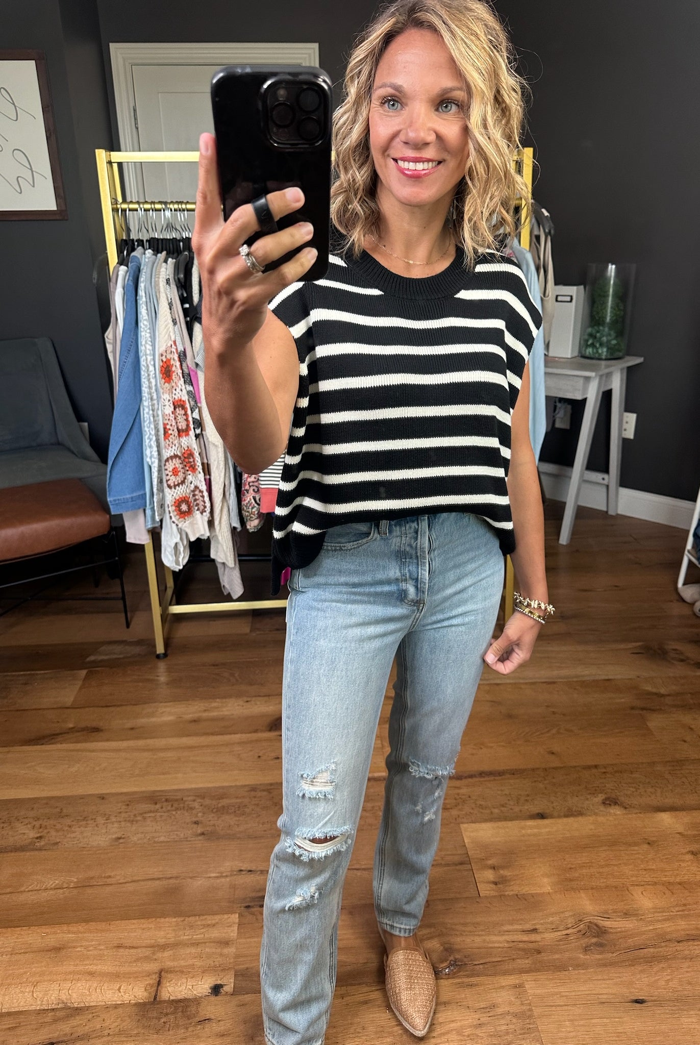 Anything In the World Striped Cap-Sleeve Knit Top - Black-Entro-Anna Kaytes Boutique, Women's Fashion Boutique in Grinnell, Iowa