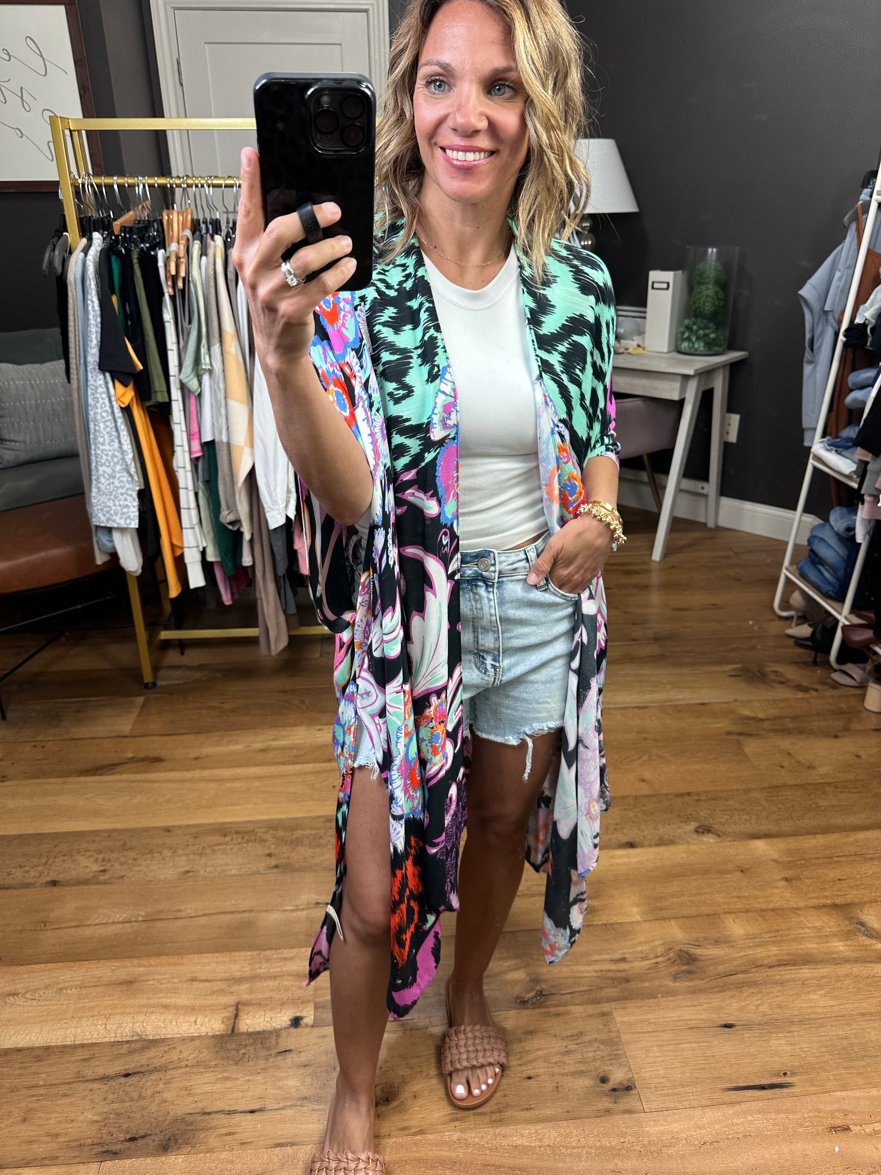 Making My Way Patterned Kimono - Black Multi-Kimonos-Urbanista 25u2299-Anna Kaytes Boutique, Women's Fashion Boutique in Grinnell, Iowa