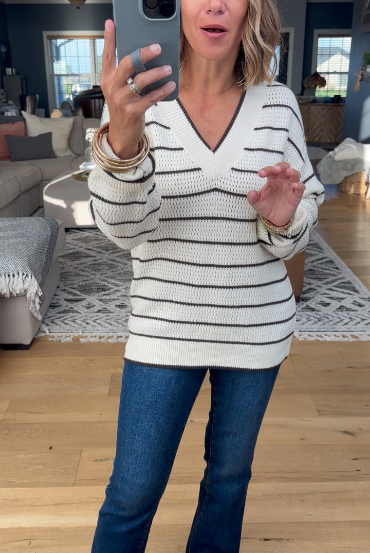 Newly Discovered Striped V-Neck Knit Sweater-Thread & Supply-Anna Kaytes Boutique, Women's Fashion Boutique in Grinnell, Iowa