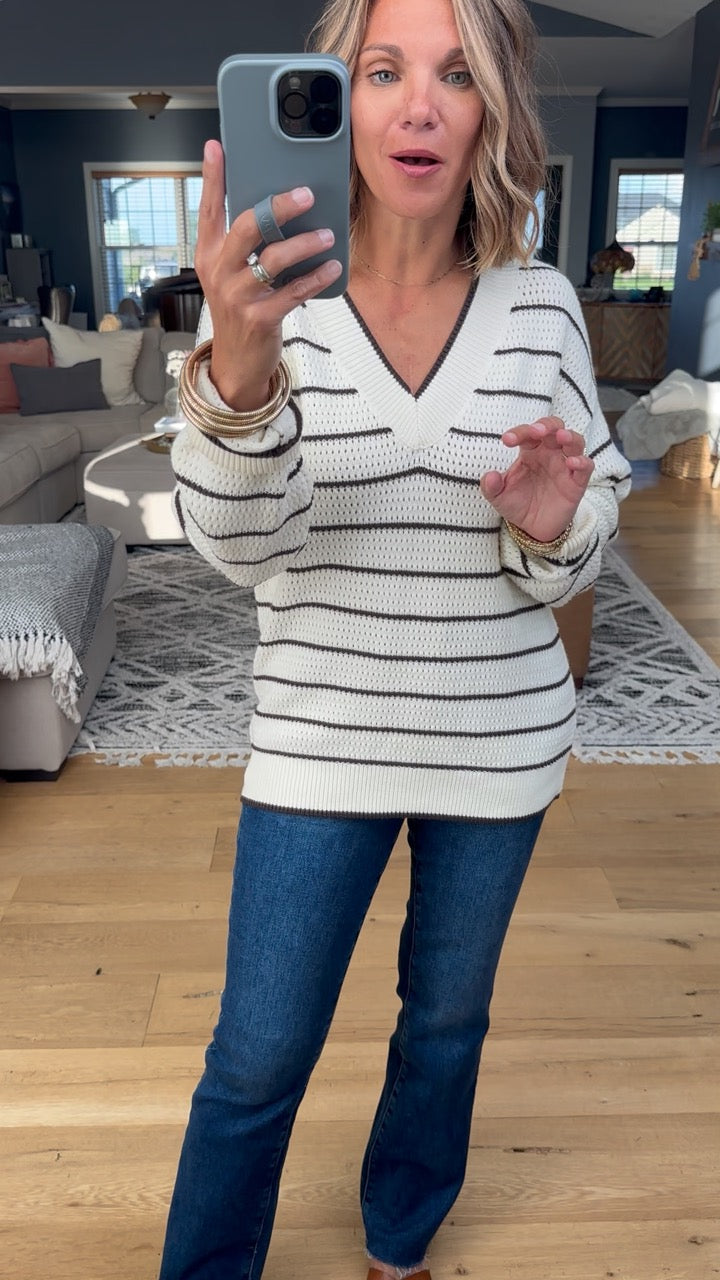 Newly Discovered Striped V-Neck Knit Sweater-Thread & Supply-Anna Kaytes Boutique, Women's Fashion Boutique in Grinnell, Iowa