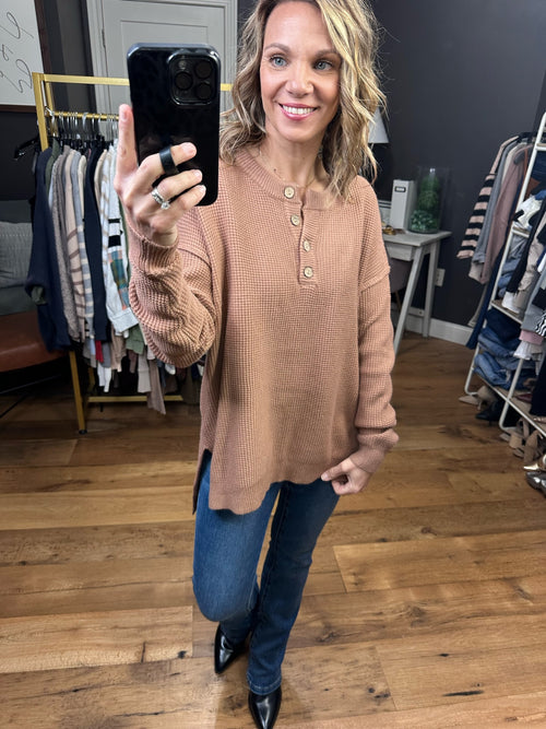Along The Way Slit Hem Henley Top - Mocha-Be Cool 63929-Anna Kaytes Boutique, Women's Fashion Boutique in Grinnell, Iowa