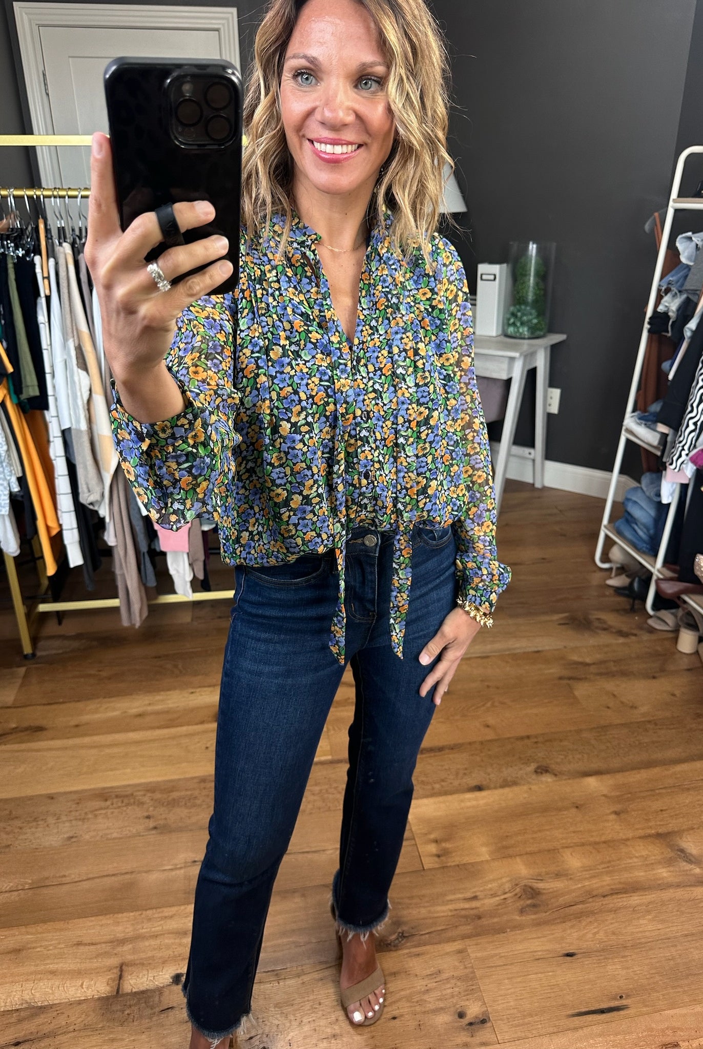 In the Spotlight Floral Top - Black Multi-Long Sleeves-Skies Are Blue-Anna Kaytes Boutique, Women's Fashion Boutique in Grinnell, Iowa