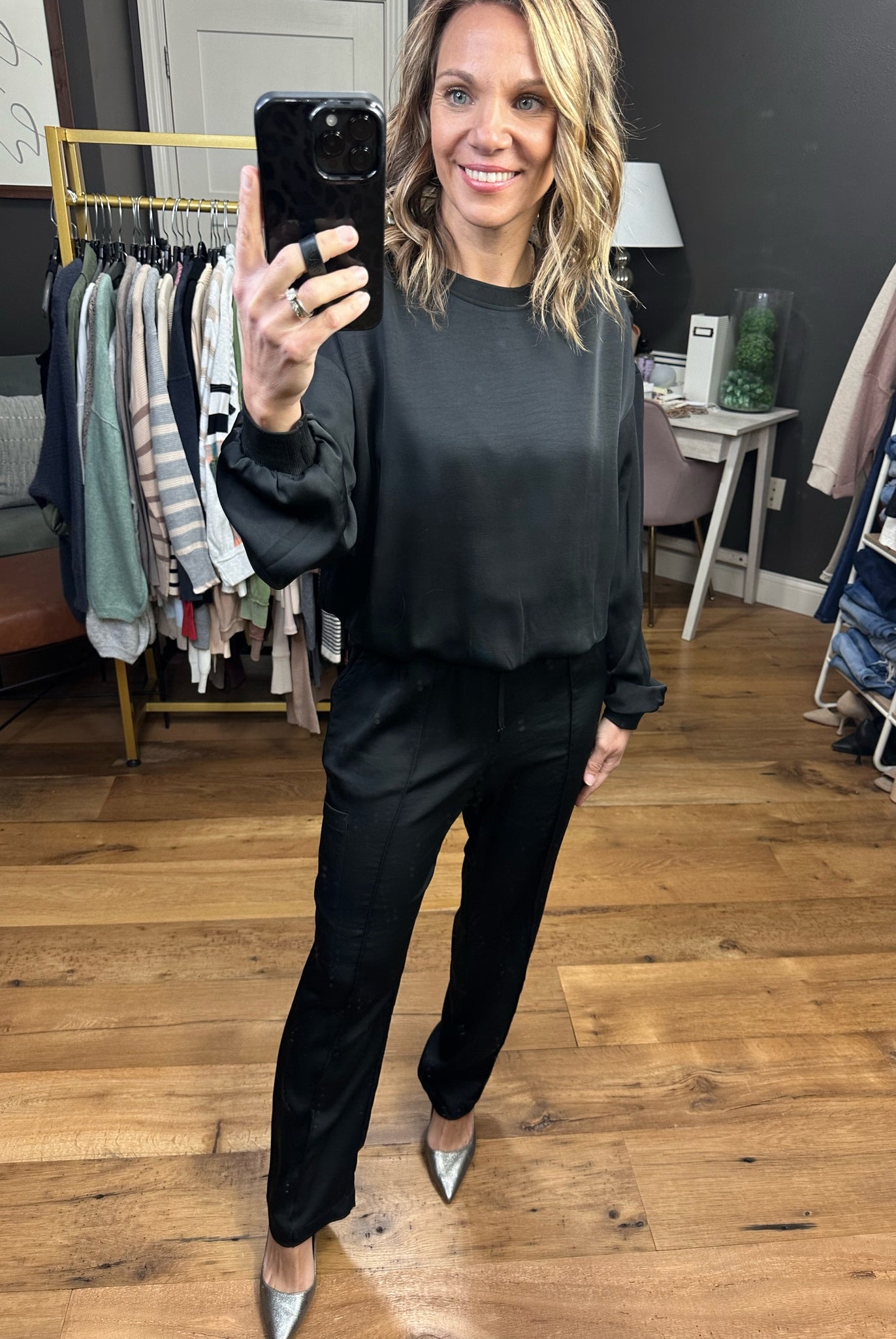 Go My Way Satin High-Waisted Pant - Black-Pants-Skies Are Blue 74145-Anna Kaytes Boutique, Women's Fashion Boutique in Grinnell, Iowa