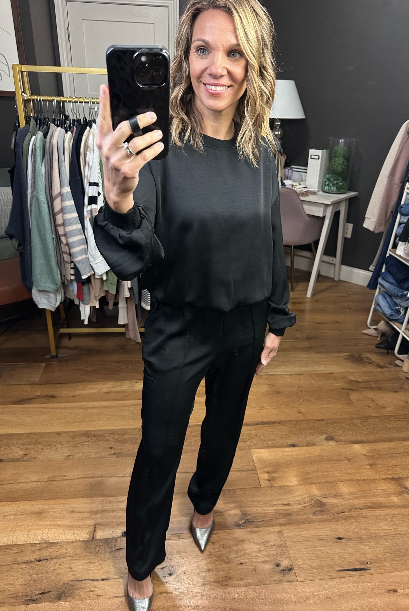 Go My Way Satin High-Waisted Pant - Black-Pants-Skies Are Blue 74145-Anna Kaytes Boutique, Women's Fashion Boutique in Grinnell, Iowa