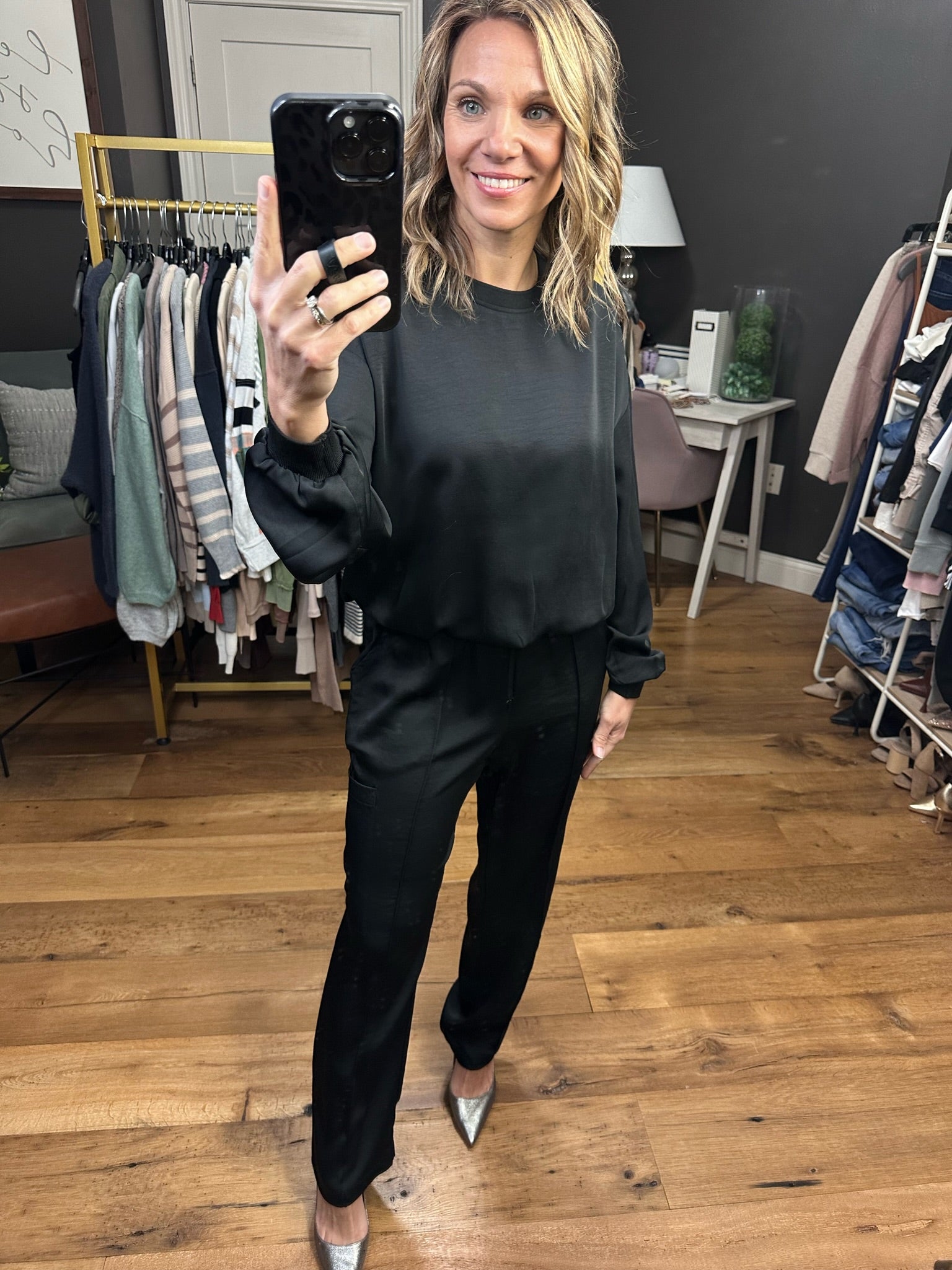 Go My Way Satin High-Waisted Pant - Black-Pants-Skies Are Blue 74145-Anna Kaytes Boutique, Women's Fashion Boutique in Grinnell, Iowa