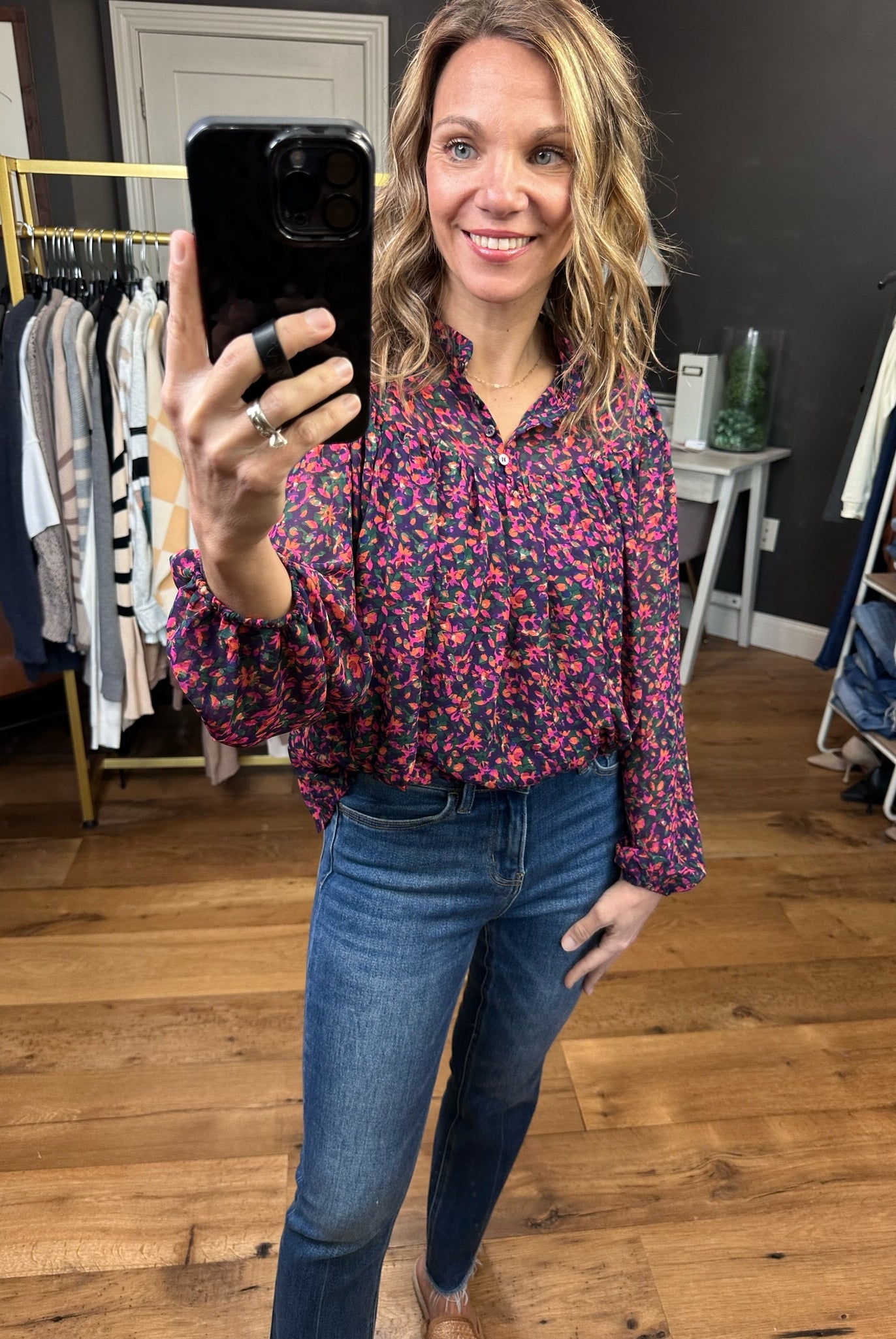 Seeing You Soon Floral Balloon Sleeve Top - Navy/Magenta-Long Sleeves-Skies Are Blue 45289-Anna Kaytes Boutique, Women's Fashion Boutique in Grinnell, Iowa