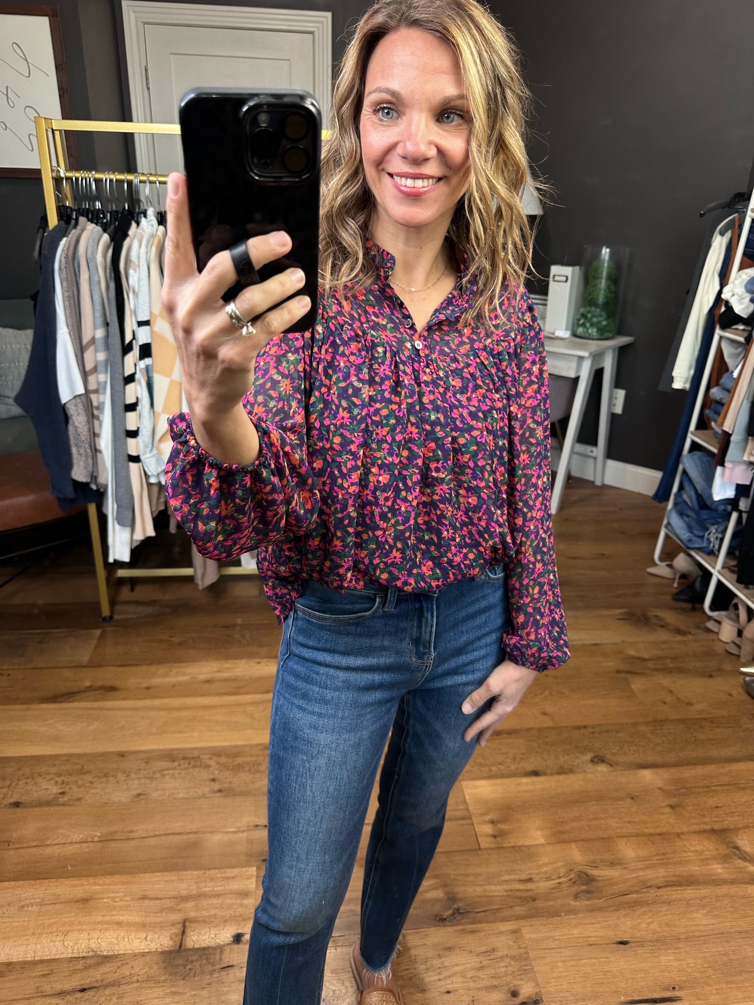 Seeing You Soon Floral Balloon Sleeve Top - Navy/Magenta-Long Sleeves-Skies Are Blue 45289-Anna Kaytes Boutique, Women's Fashion Boutique in Grinnell, Iowa