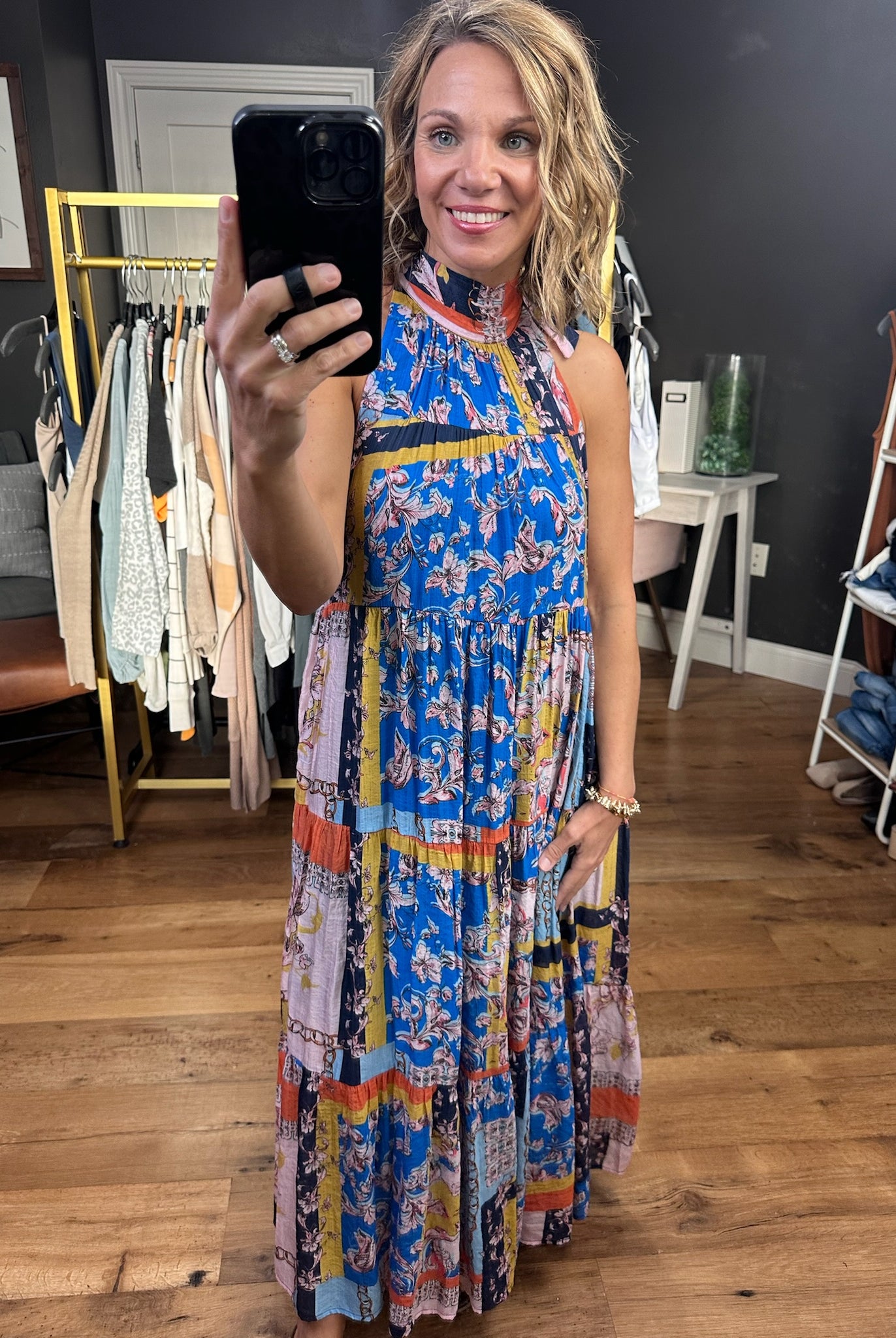 Heart of Gold High-Neck Patchwork Dress - Blue Combo-Dresses-Entro-Anna Kaytes Boutique, Women's Fashion Boutique in Grinnell, Iowa