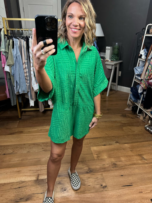 Right Mindset Textured Button-Down Romper - Green-Entro R22759-Anna Kaytes Boutique, Women's Fashion Boutique in Grinnell, Iowa