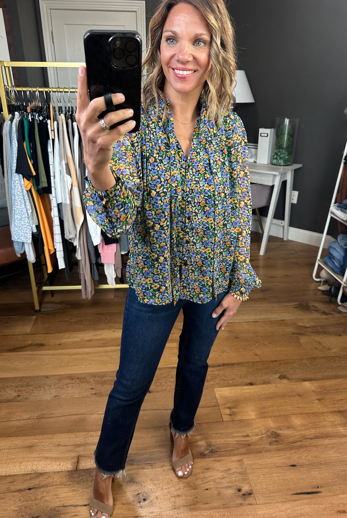 In the Spotlight Floral Top - Black Multi-Long Sleeves-Skies Are Blue-Anna Kaytes Boutique, Women's Fashion Boutique in Grinnell, Iowa