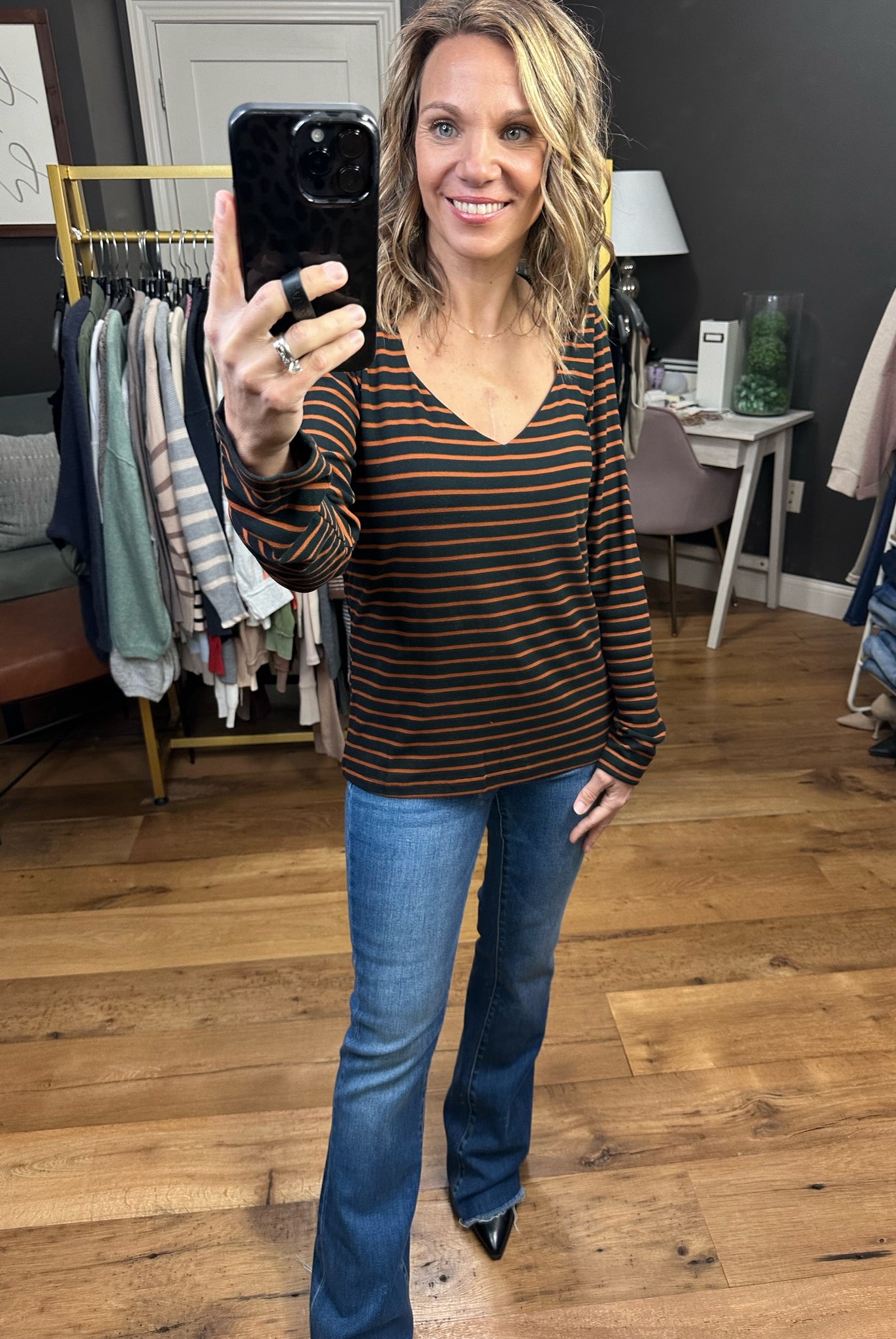 Better Explanation Striped V-Neck Long Sleeve Top - Navy/Rust-Long Sleeves-Skies Are Blue 45496-Anna Kaytes Boutique, Women's Fashion Boutique in Grinnell, Iowa