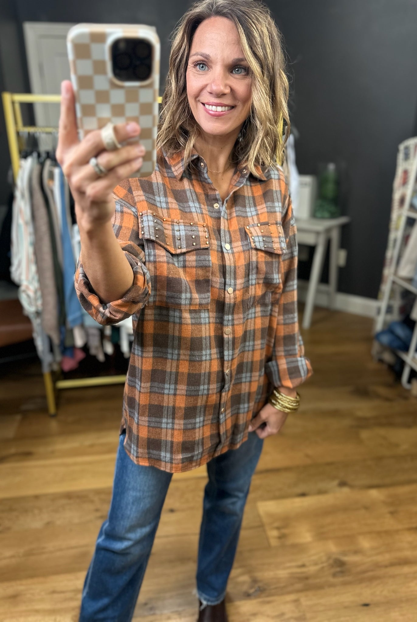 Upside Plaid Button-Down Top - Mocha-Entro-Anna Kaytes Boutique, Women's Fashion Boutique in Grinnell, Iowa