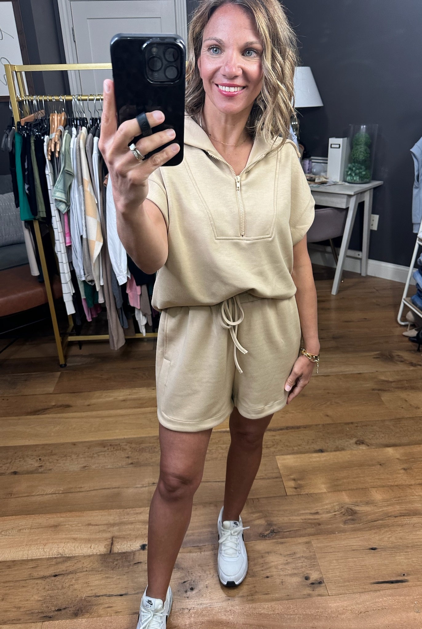 In Charge Scuba 1/2 Zip + Short Set - Taupe-Two Piece Set-Wishlist-Anna Kaytes Boutique, Women's Fashion Boutique in Grinnell, Iowa