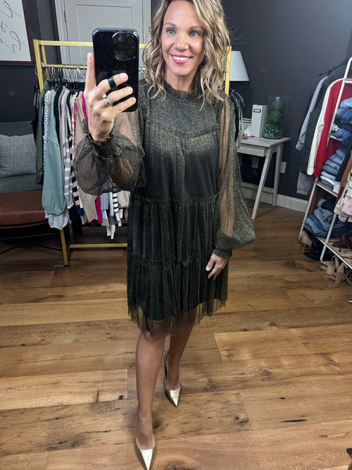 All That Sparkles Sheer Sleeve Dress - Black-Jodifl G21266-Anna Kaytes Boutique, Women's Fashion Boutique in Grinnell, Iowa
