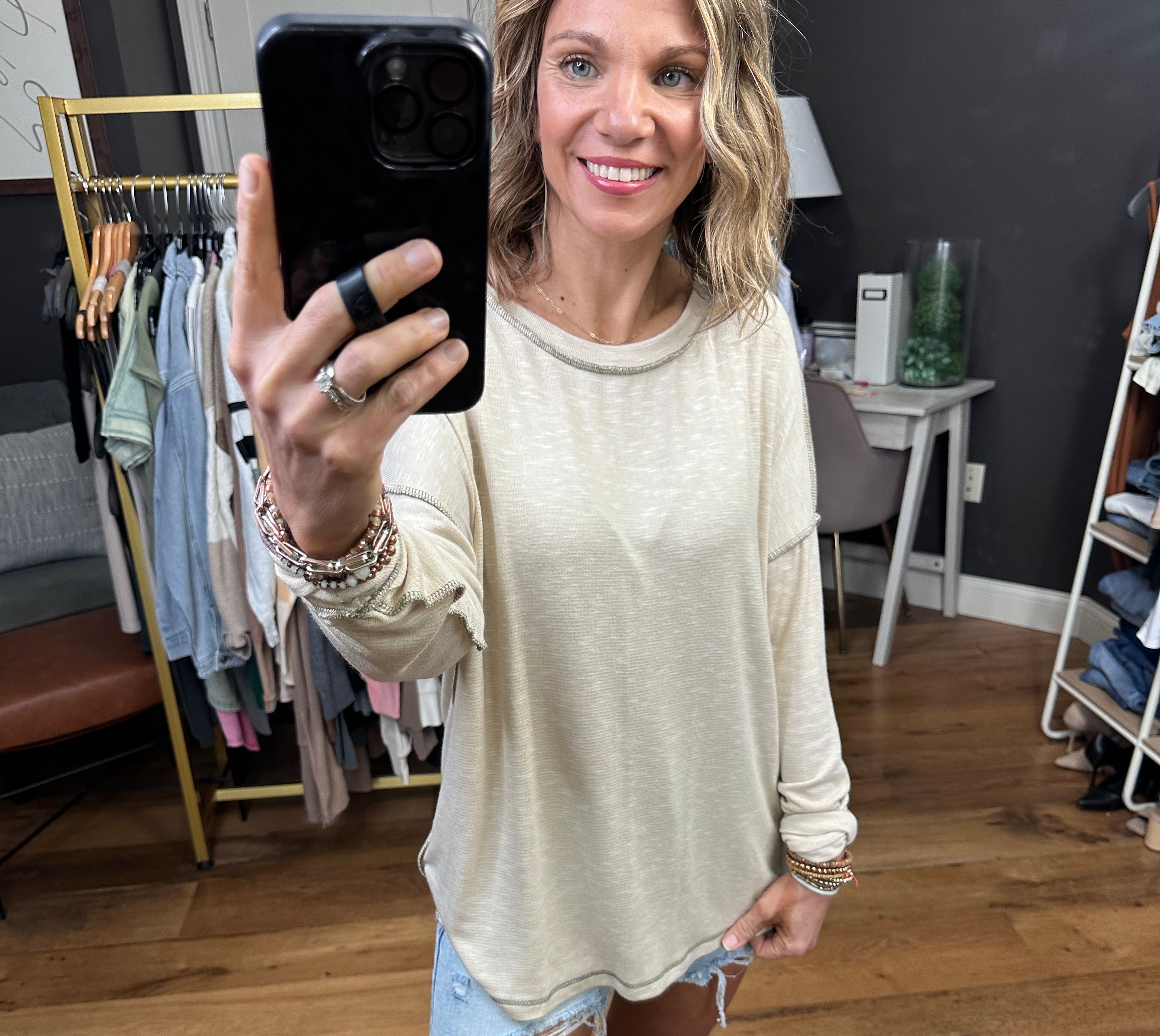True Already Washed Raw Hem Long Sleeve Top - Oatmeal-Long Sleeves-Staccato 17125c-Anna Kaytes Boutique, Women's Fashion Boutique in Grinnell, Iowa