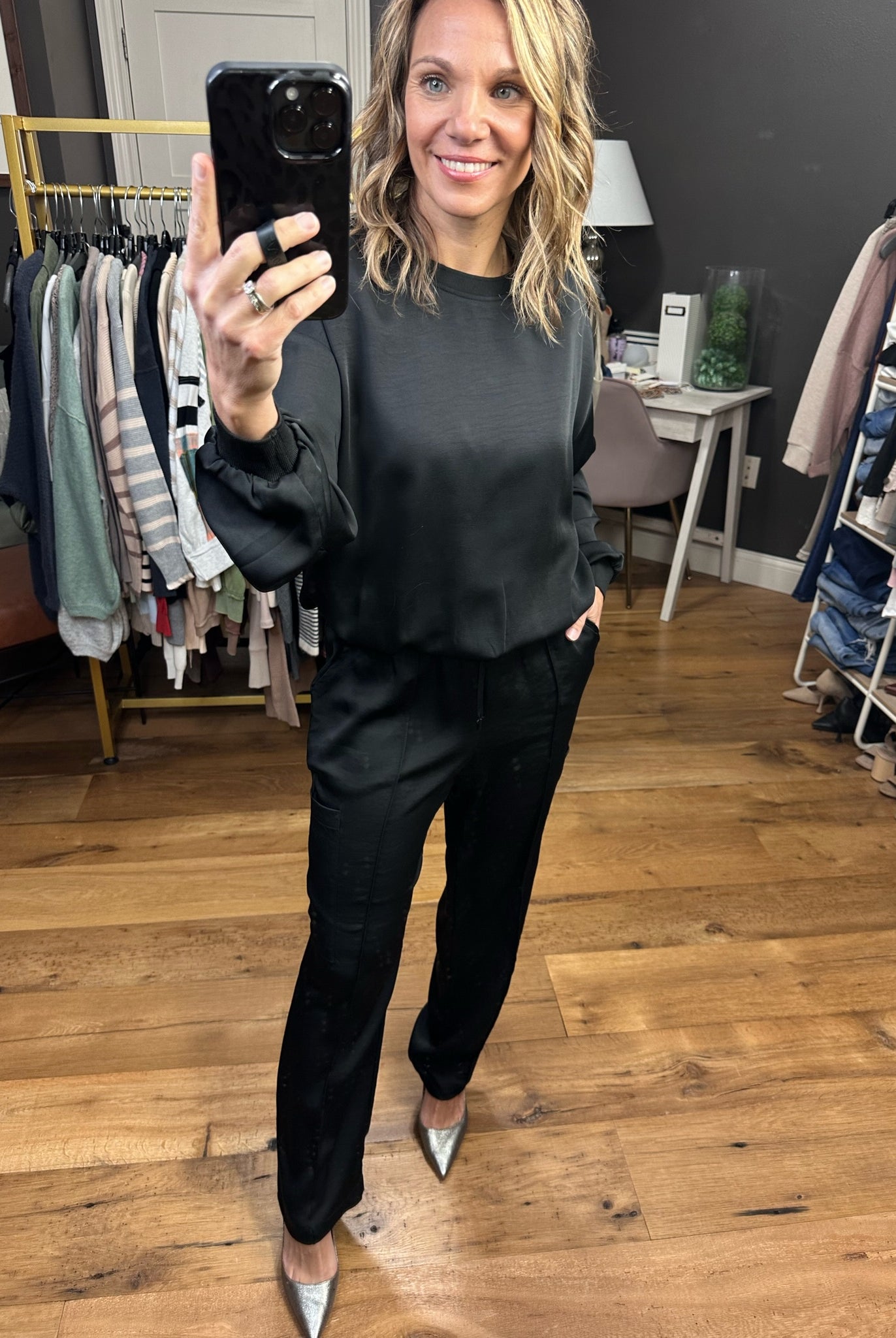 Go My Way Satin High-Waisted Pant - Black-Pants-Skies Are Blue 74145-Anna Kaytes Boutique, Women's Fashion Boutique in Grinnell, Iowa