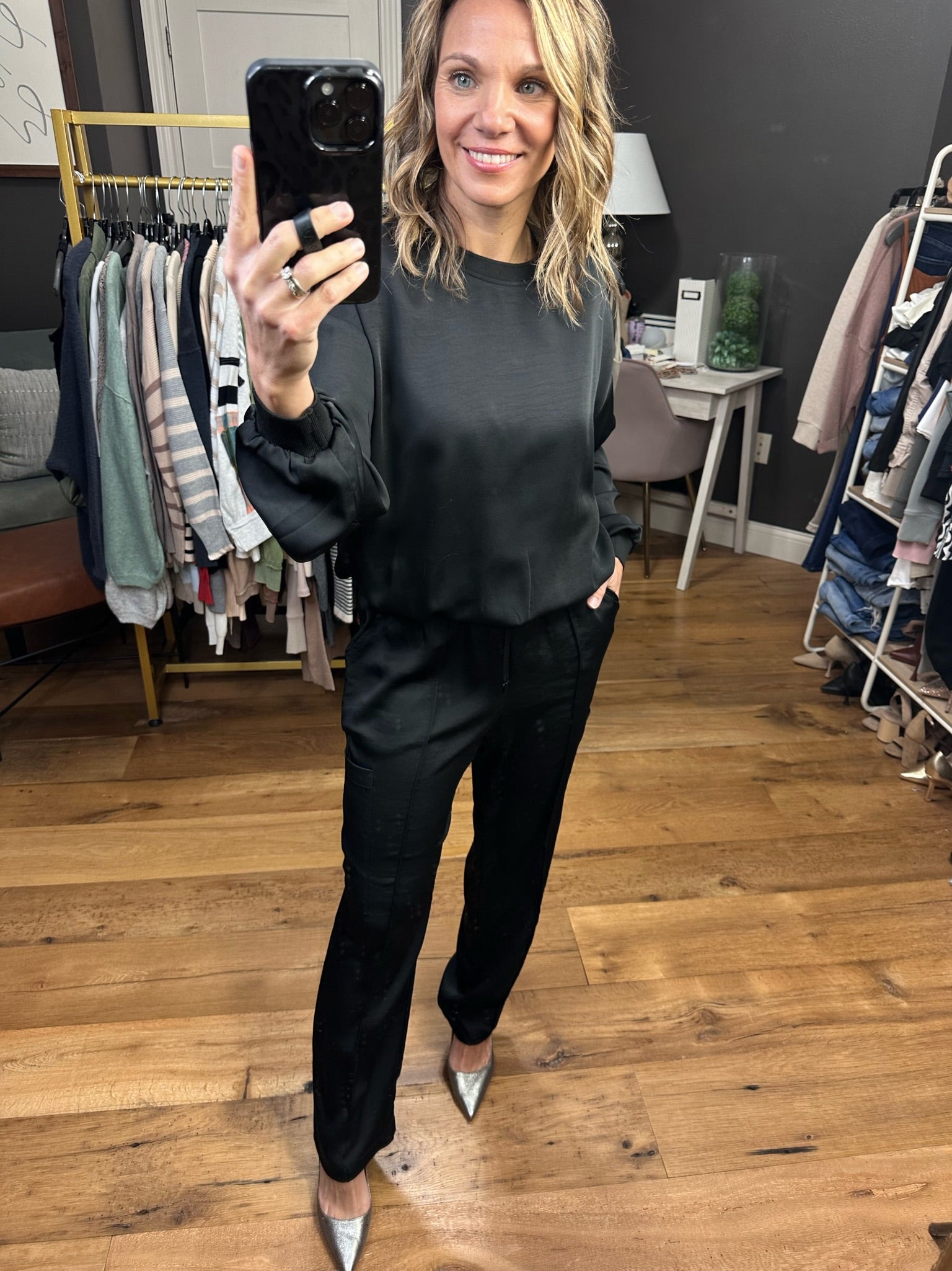 Go My Way Satin High-Waisted Pant - Black-Pants-Skies Are Blue 74145-Anna Kaytes Boutique, Women's Fashion Boutique in Grinnell, Iowa