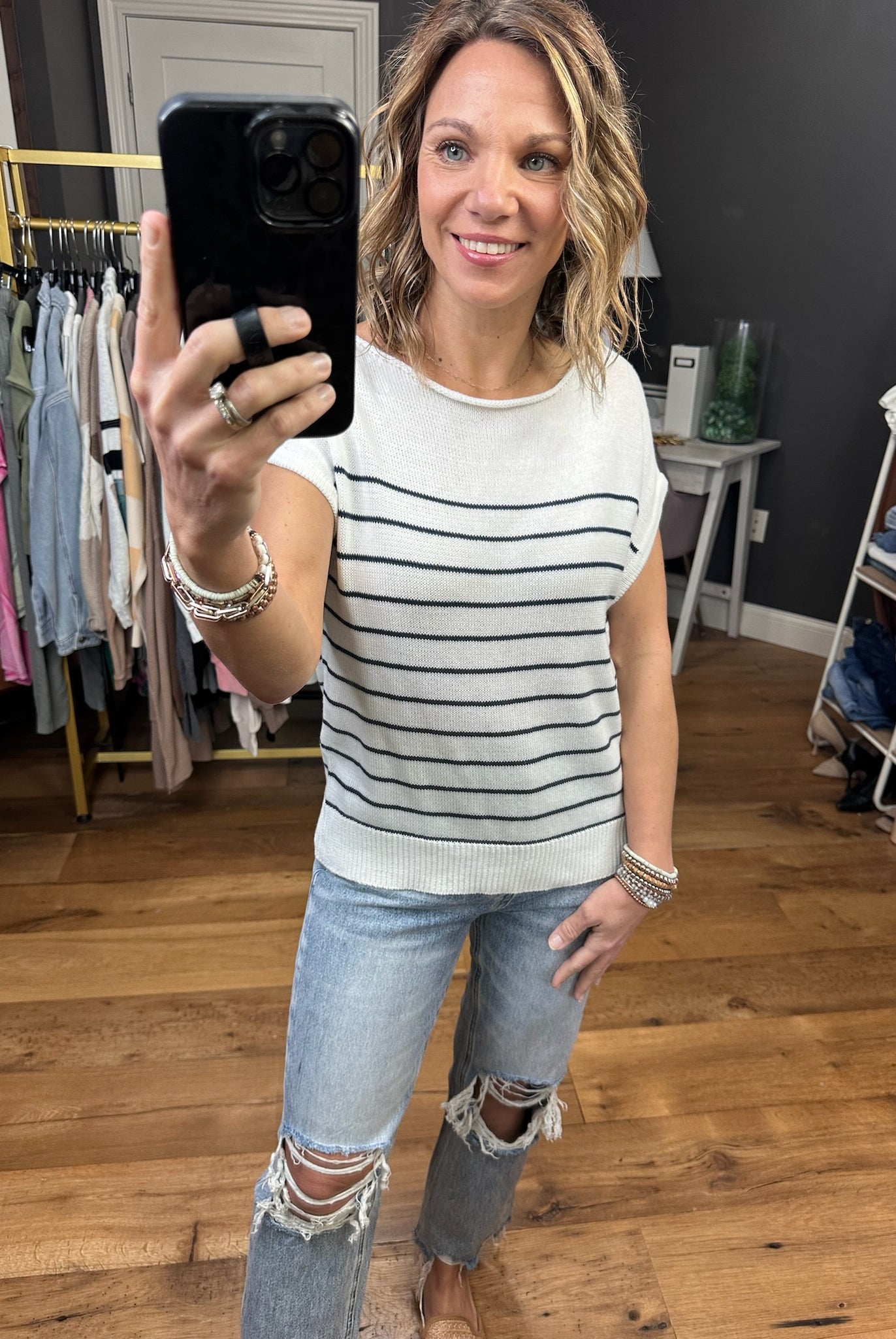 Namely Nautical Short Sleeve Striped Sweater - Ivory/Navy-Sweaters-Staccato 54520-Anna Kaytes Boutique, Women's Fashion Boutique in Grinnell, Iowa