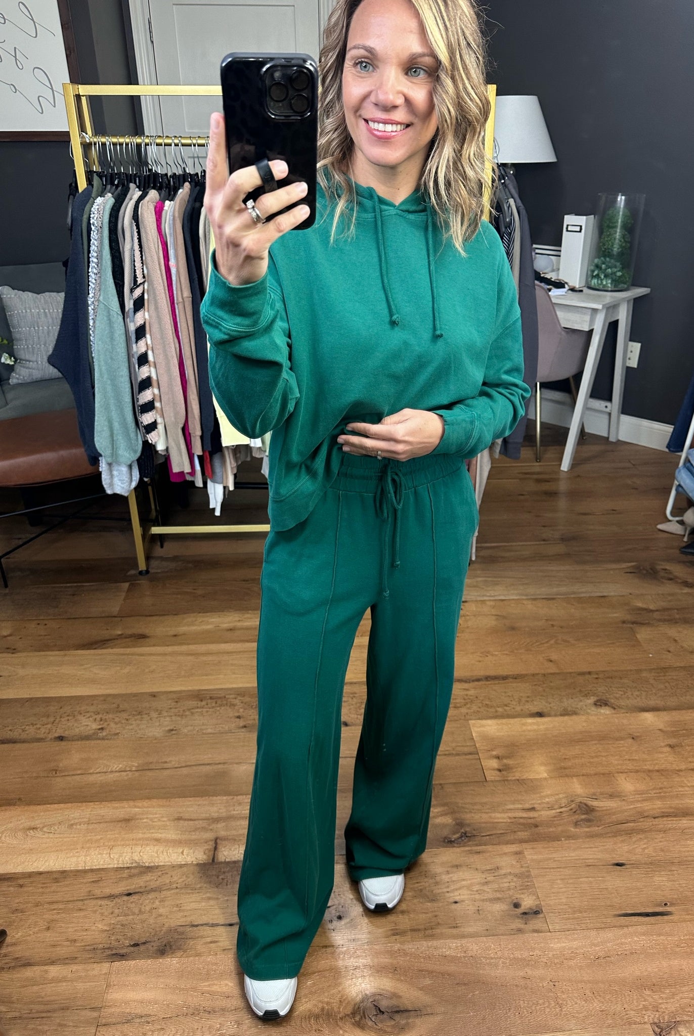 The Gabby Wide Leg + Hoodie Set - Pine Green-Two Piece Set-Double zero dz23e999 dz23g455-Anna Kaytes Boutique, Women's Fashion Boutique in Grinnell, Iowa