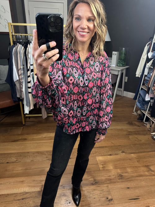 At Your Best Patterned Balloon Sleeve Top With Mock Cuff Detail - Black-Eesome TK7965-Anna Kaytes Boutique, Women's Fashion Boutique in Grinnell, Iowa