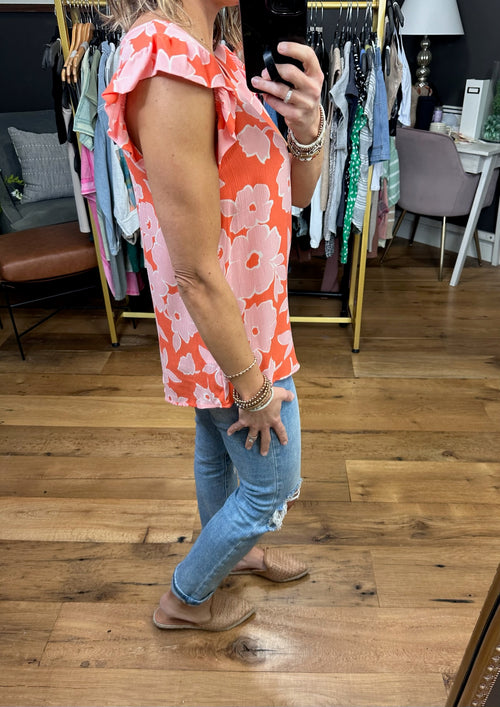 Maybe Now Floral Flutter Top - Coral-Les Amis T1482-0-Anna Kaytes Boutique, Women's Fashion Boutique in Grinnell, Iowa