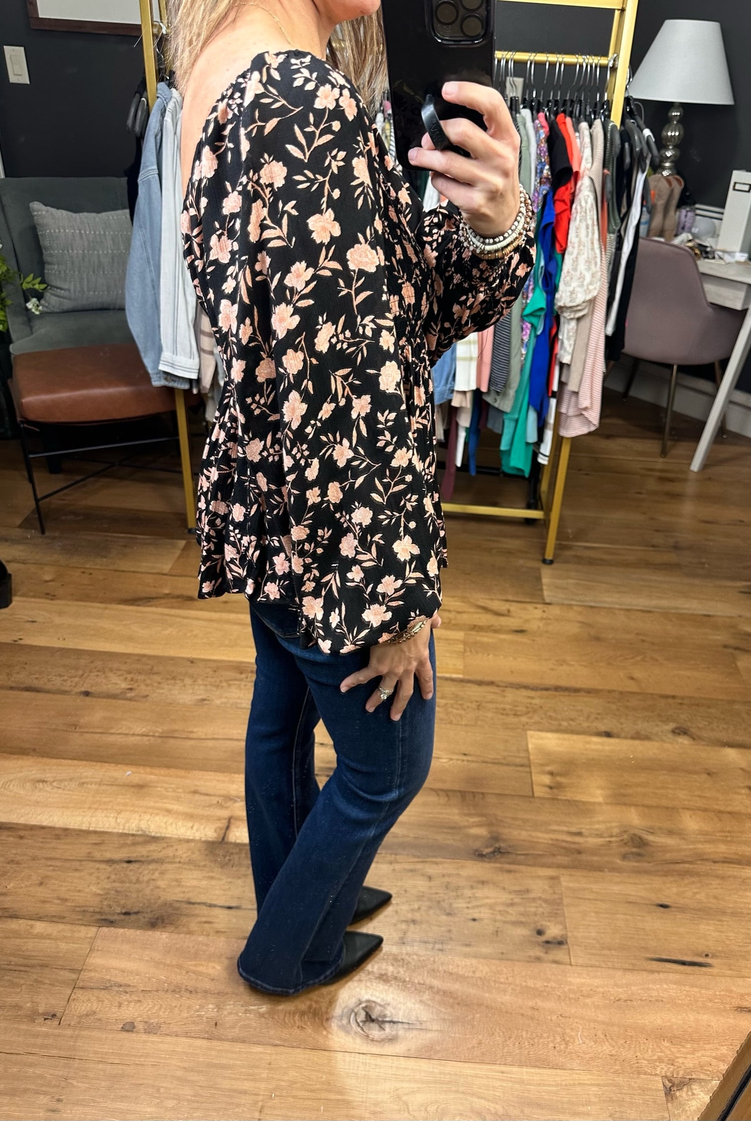 Count Me In Floral Peplum Top With Ruching Detail - Black Multi-Long Sleeves-By Together L6878-Anna Kaytes Boutique, Women's Fashion Boutique in Grinnell, Iowa