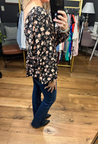 Count Me In Floral Peplum Top With Ruching Detail - Black Multi-Long Sleeves-By Together L6878-Anna Kaytes Boutique, Women's Fashion Boutique in Grinnell, Iowa