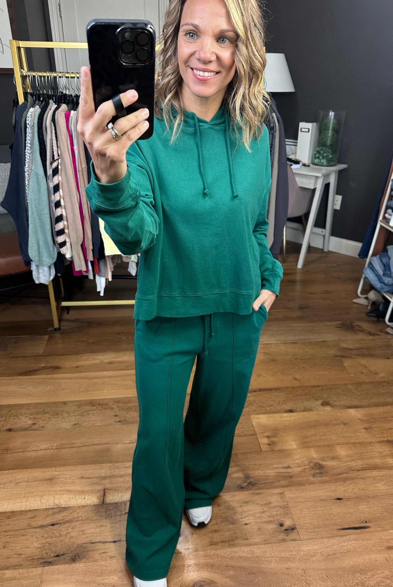 The Gabby Wide Leg + Hoodie Set - Pine Green-Two Piece Set-Double zero dz23e999 dz23g455-Anna Kaytes Boutique, Women's Fashion Boutique in Grinnell, Iowa