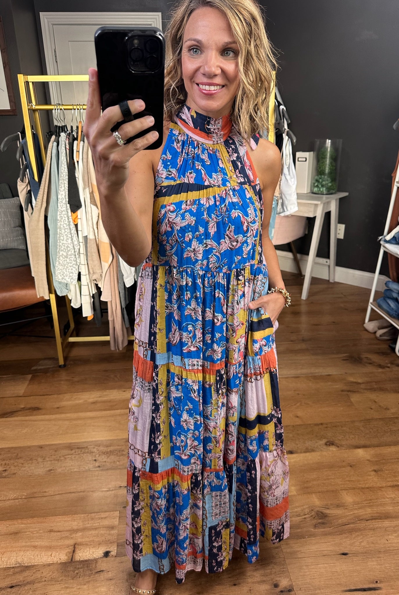 Heart of Gold High-Neck Patchwork Dress - Blue Combo-Dresses-Entro-Anna Kaytes Boutique, Women's Fashion Boutique in Grinnell, Iowa