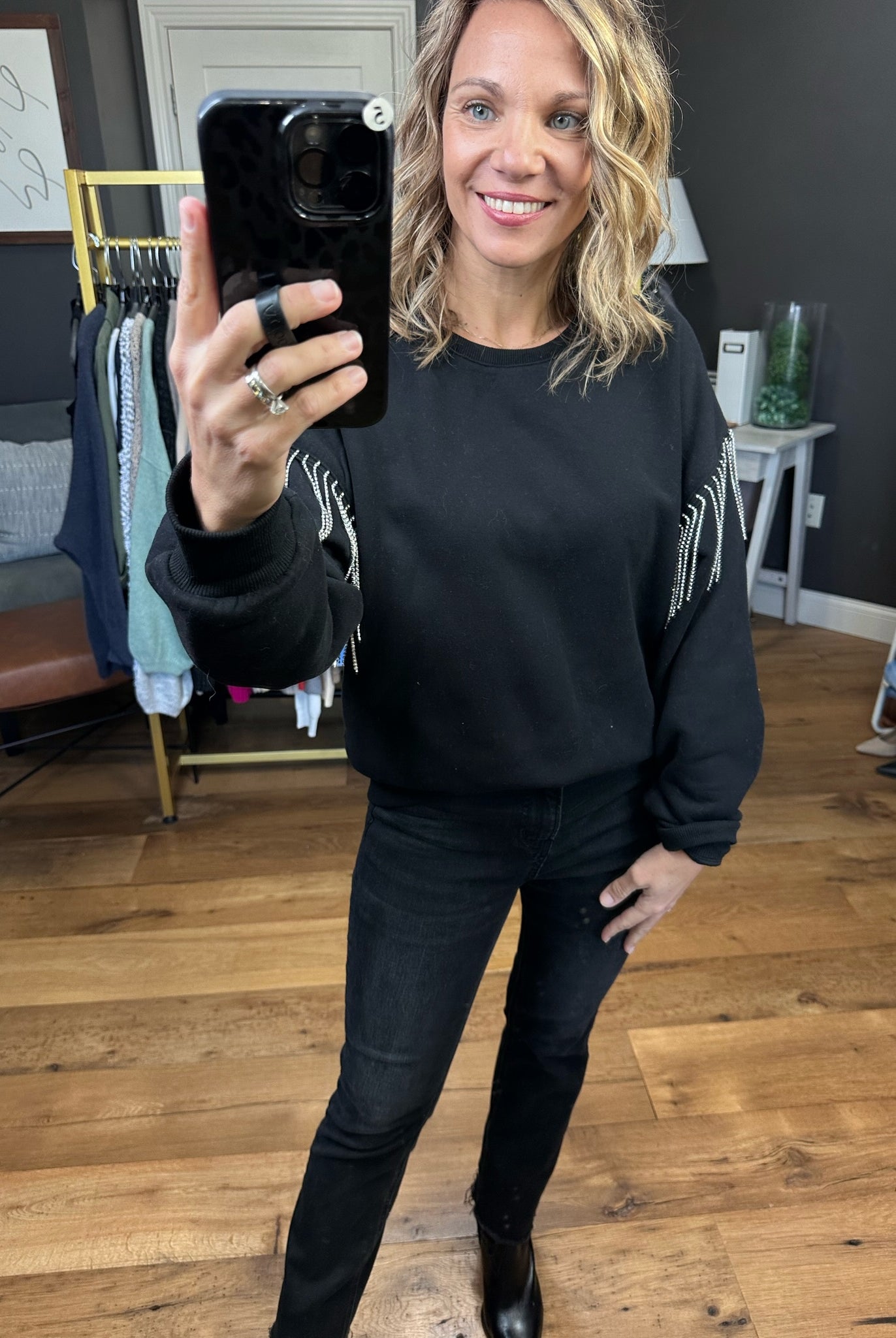 Feelin’ Alright Rhinestone Sleeve Crew - Black-Long Sleeves-Skies Are Blue 45499-Anna Kaytes Boutique, Women's Fashion Boutique in Grinnell, Iowa