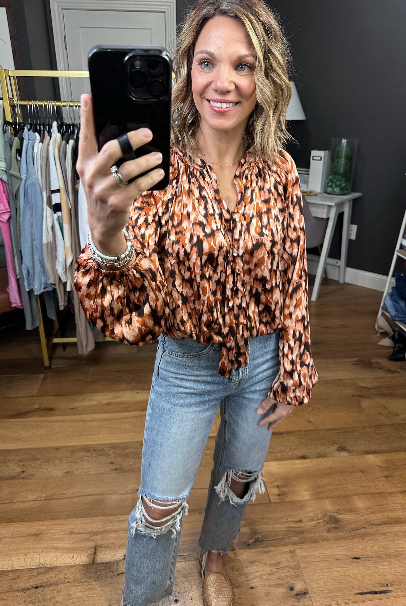 Clock Is Ticking Patterned Balloon Sleeve Top - Brown Multi-Long Sleeves-Skies Are Blue 43636-Anna Kaytes Boutique, Women's Fashion Boutique in Grinnell, Iowa