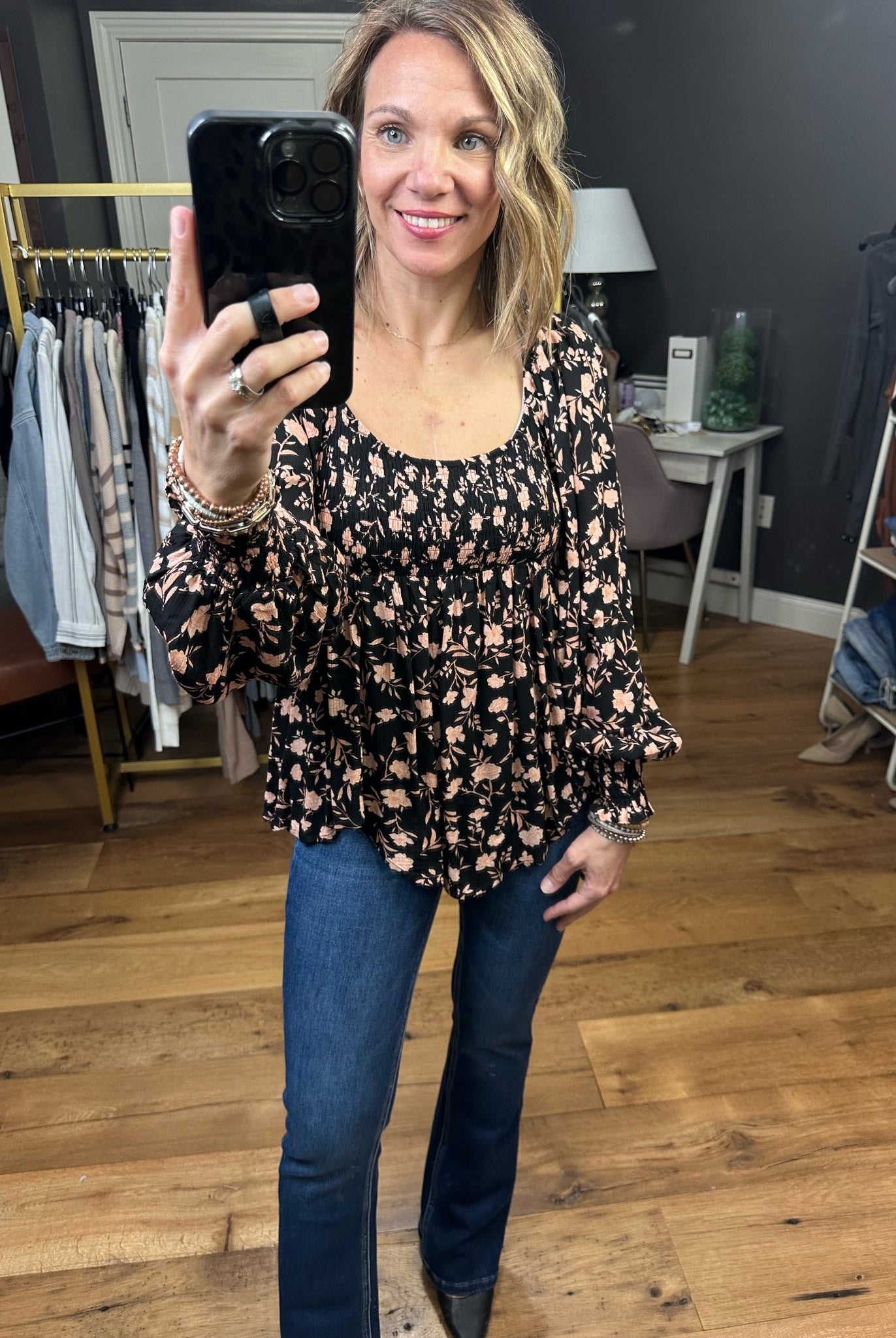 Count Me In Floral Peplum Top With Ruching Detail - Black Multi-Long Sleeves-By Together L6878-Anna Kaytes Boutique, Women's Fashion Boutique in Grinnell, Iowa