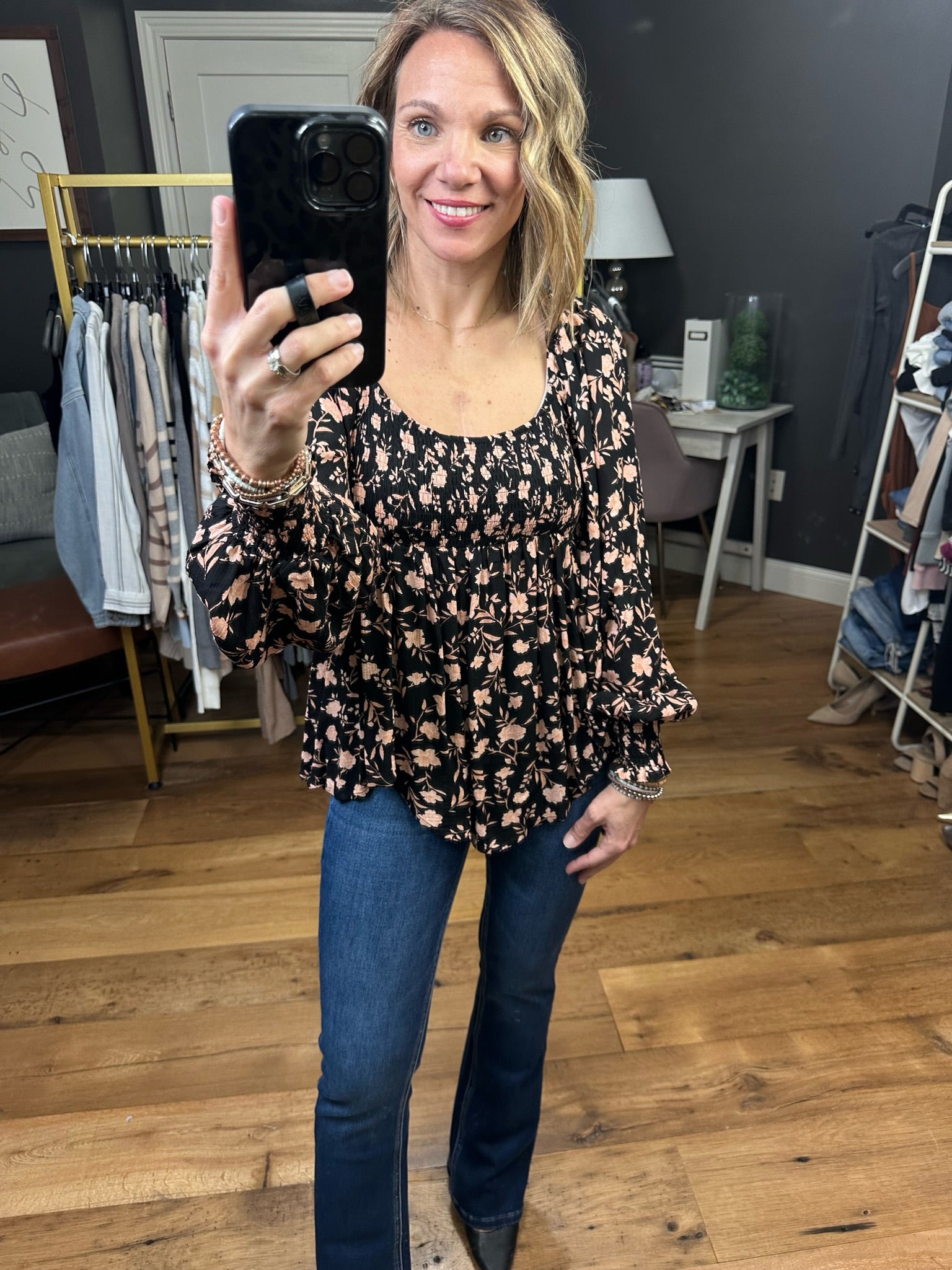 Count Me In Floral Peplum Top With Ruching Detail - Black Multi-Long Sleeves-By Together L6878-Anna Kaytes Boutique, Women's Fashion Boutique in Grinnell, Iowa