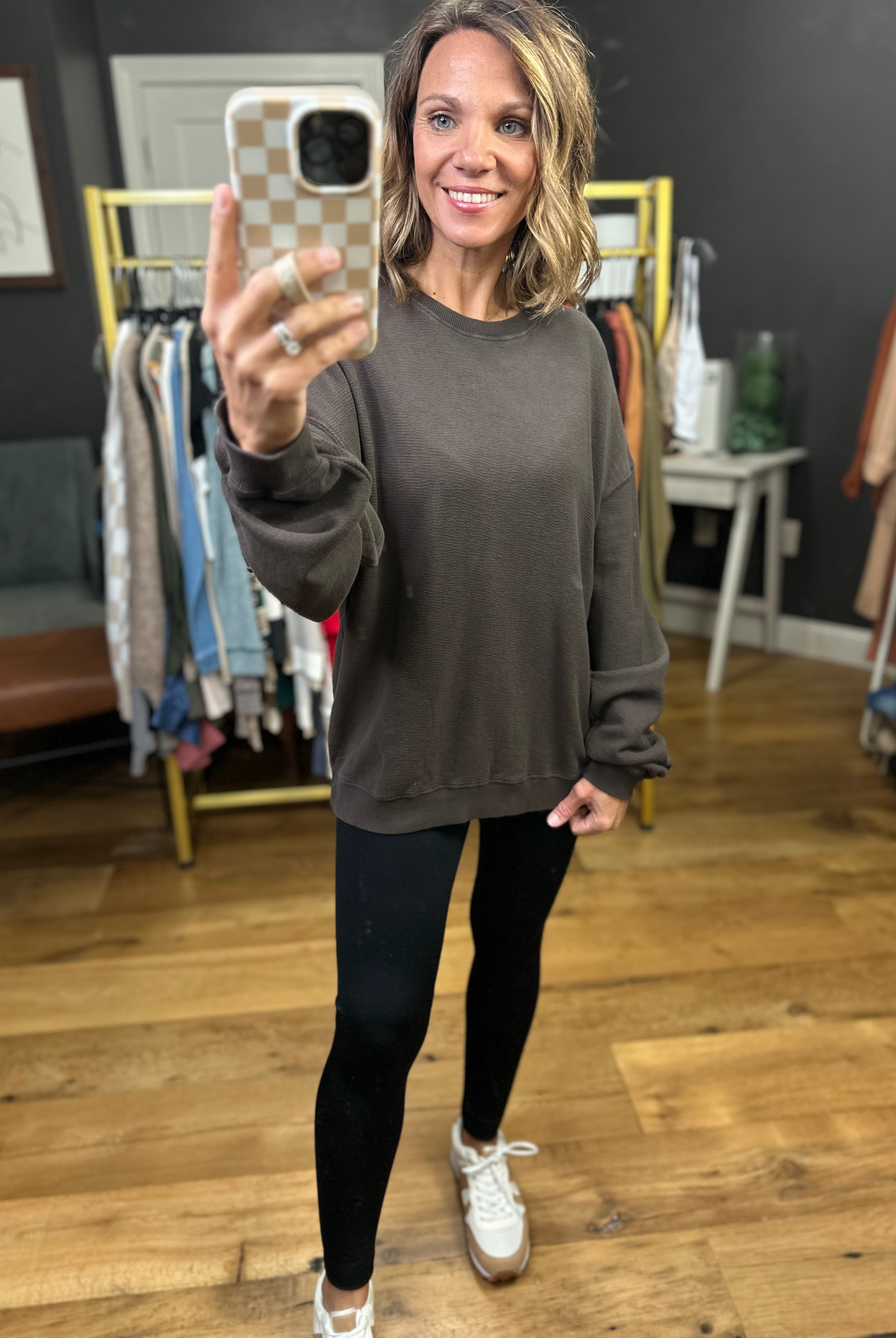Cassidy Textured Crewneck in Chocolate-Mono B-Anna Kaytes Boutique, Women's Fashion Boutique in Grinnell, Iowa