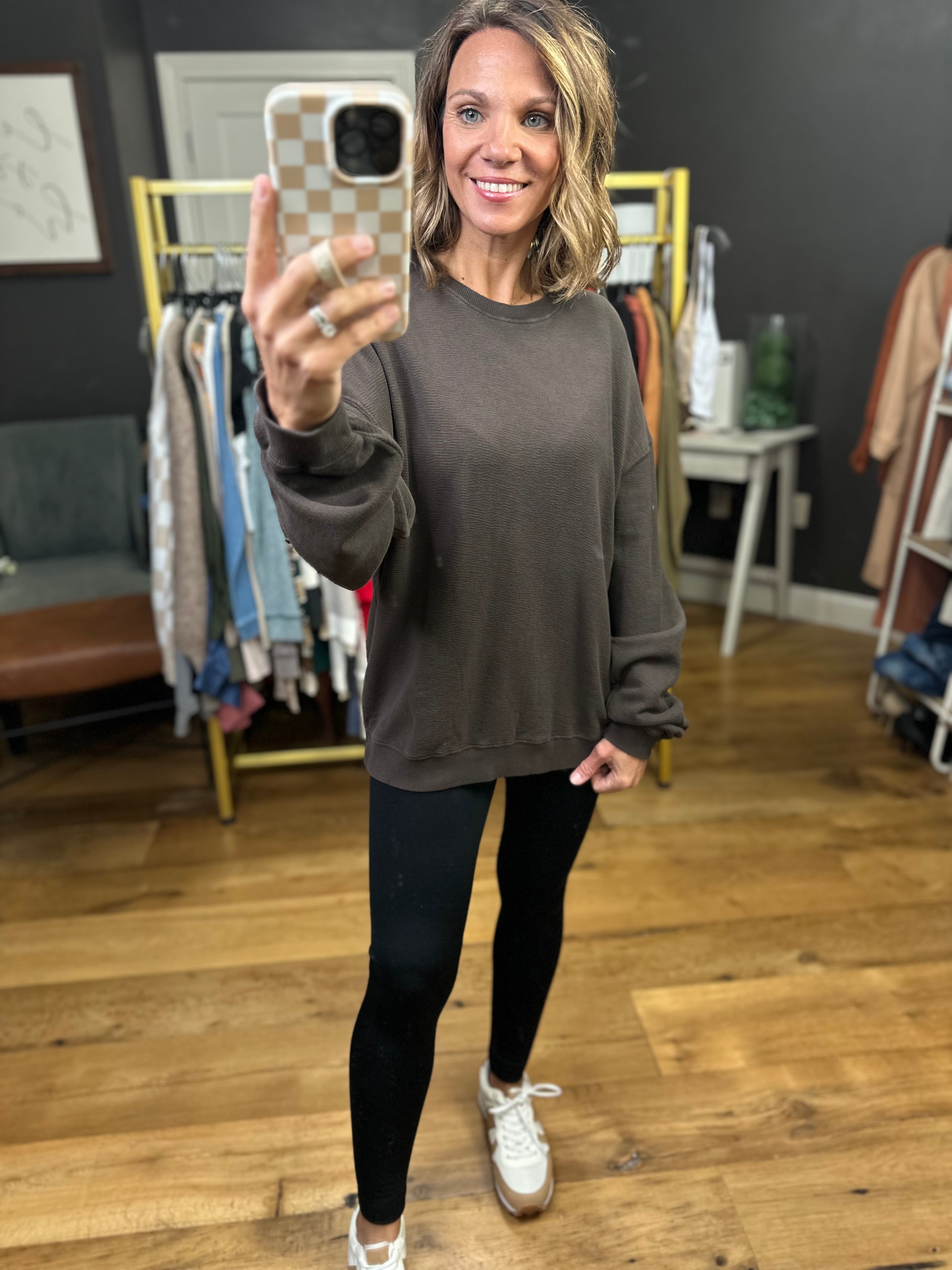 Cassidy Textured Crewneck in Chocolate-Mono B-Anna Kaytes Boutique, Women's Fashion Boutique in Grinnell, Iowa