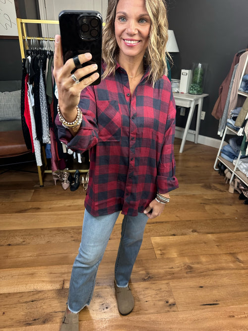 Heard Right Plaid Button-Down Top - Cranberry-Be Cool 18971J-Anna Kaytes Boutique, Women's Fashion Boutique in Grinnell, Iowa