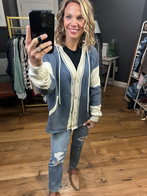 Looking Back Contrasting Knit Hooded Cardigan - Washed Denim-Easel ET22696-Anna Kaytes Boutique, Women's Fashion Boutique in Grinnell, Iowa
