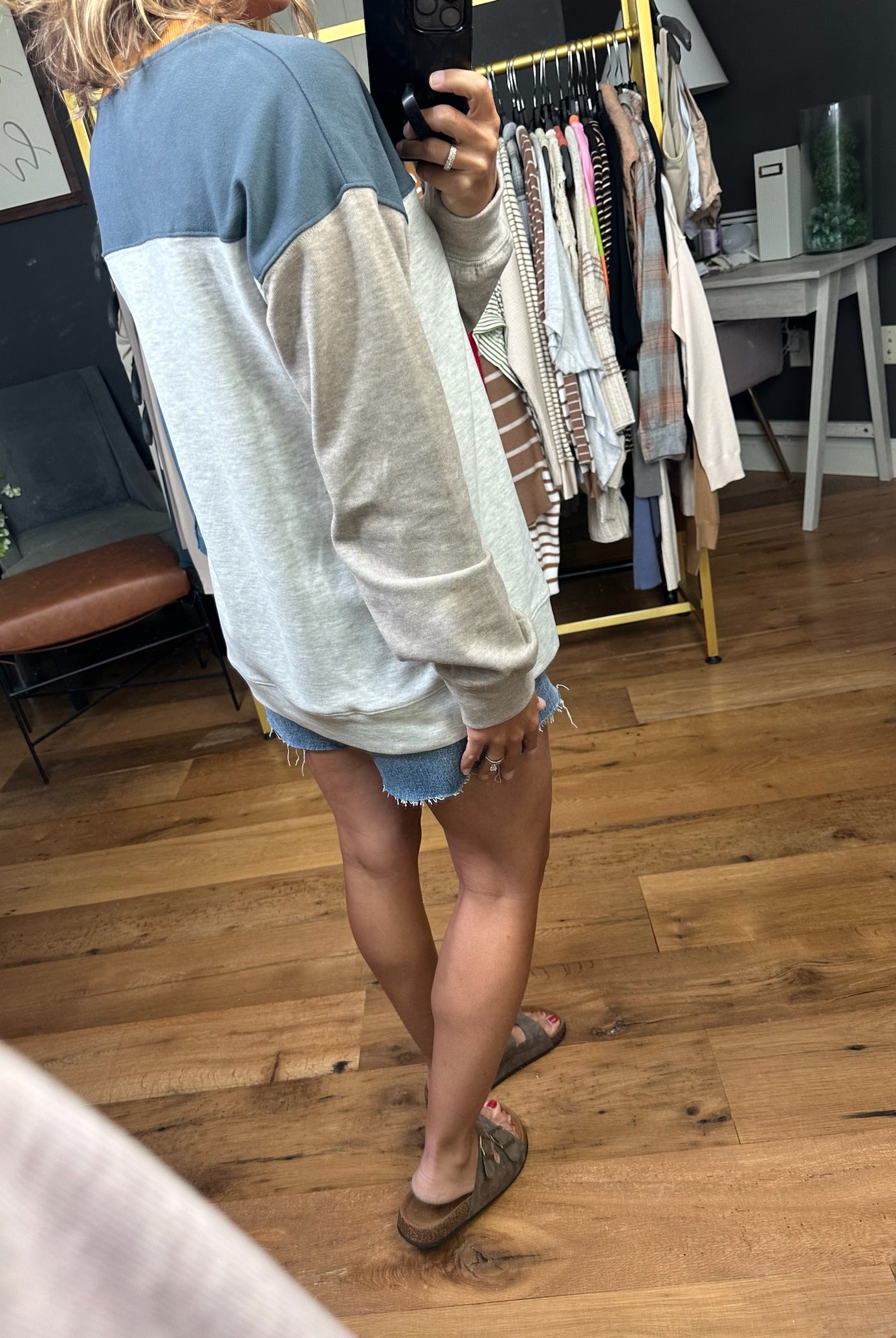 The Way It Works Colorblock Crew - Slate Grey-Sweaters-Hem & Thread 35809-Anna Kaytes Boutique, Women's Fashion Boutique in Grinnell, Iowa