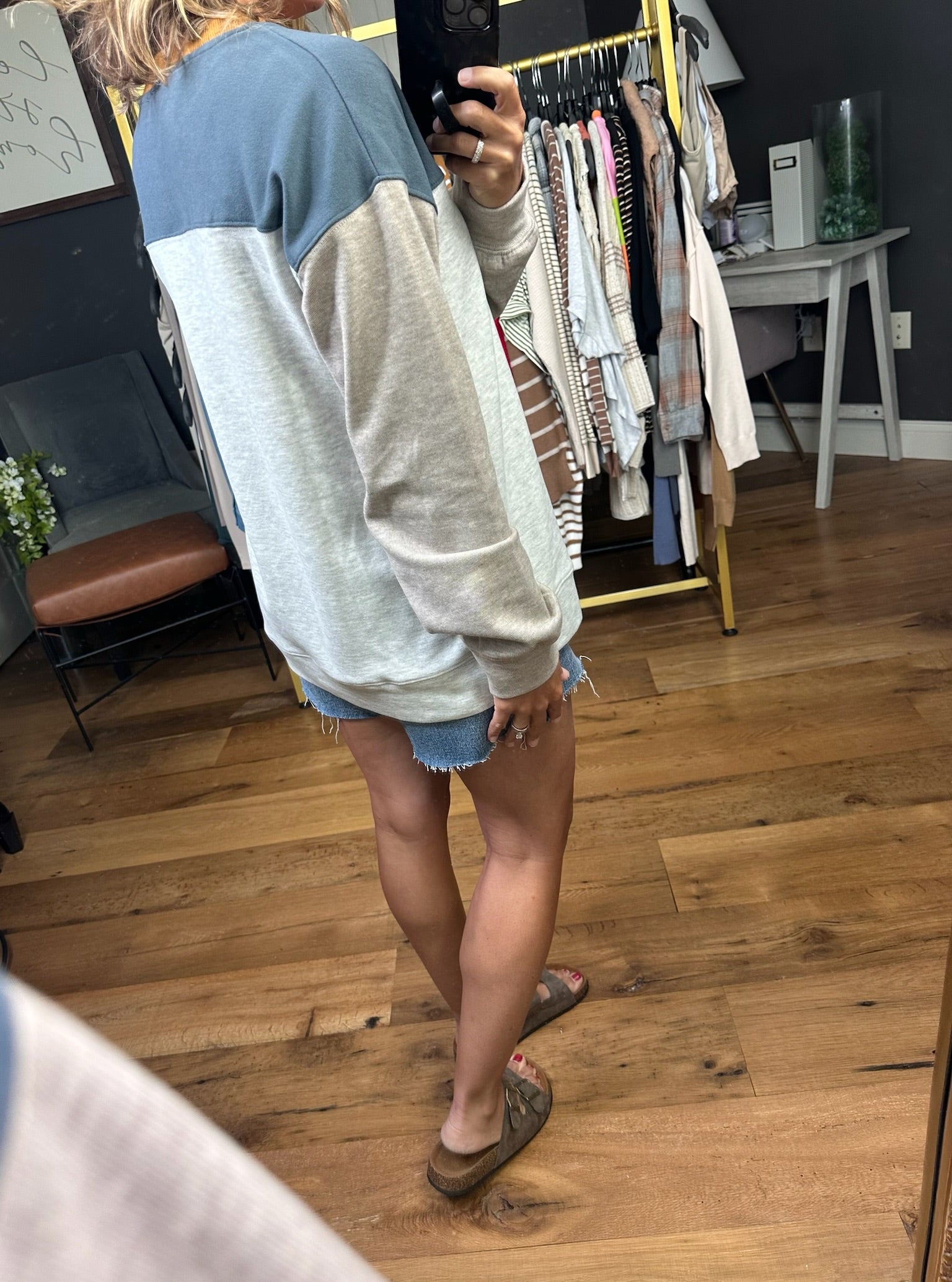 The Way It Works Colorblock Crew - Slate Grey-Sweaters-Hem & Thread 35809-Anna Kaytes Boutique, Women's Fashion Boutique in Grinnell, Iowa